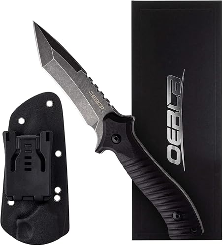 OERLA OLK-D47 Cuchillo táctico de supervivencia con funda Kydex, cuchillo de acero de alto carbono D2 hoja fija para exteriores, mango G10, clip