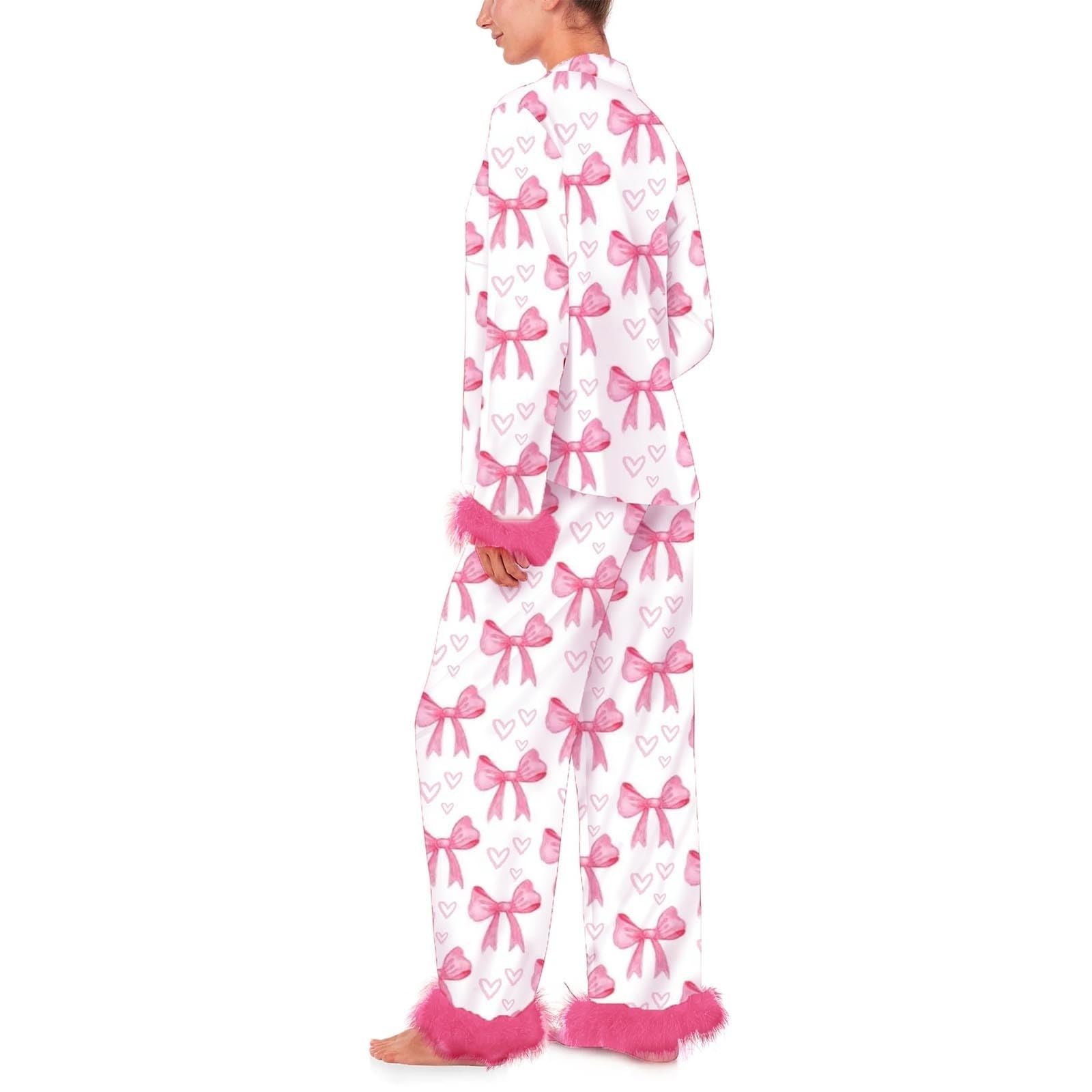 Conjunto de pijama de seda para mujer con diseño de corazón y lazo, camiseta de manga larga y pantalones, ropa de dormir de 2 piezas, pijama de satén lujoso para mujer, estampado de corazón y
