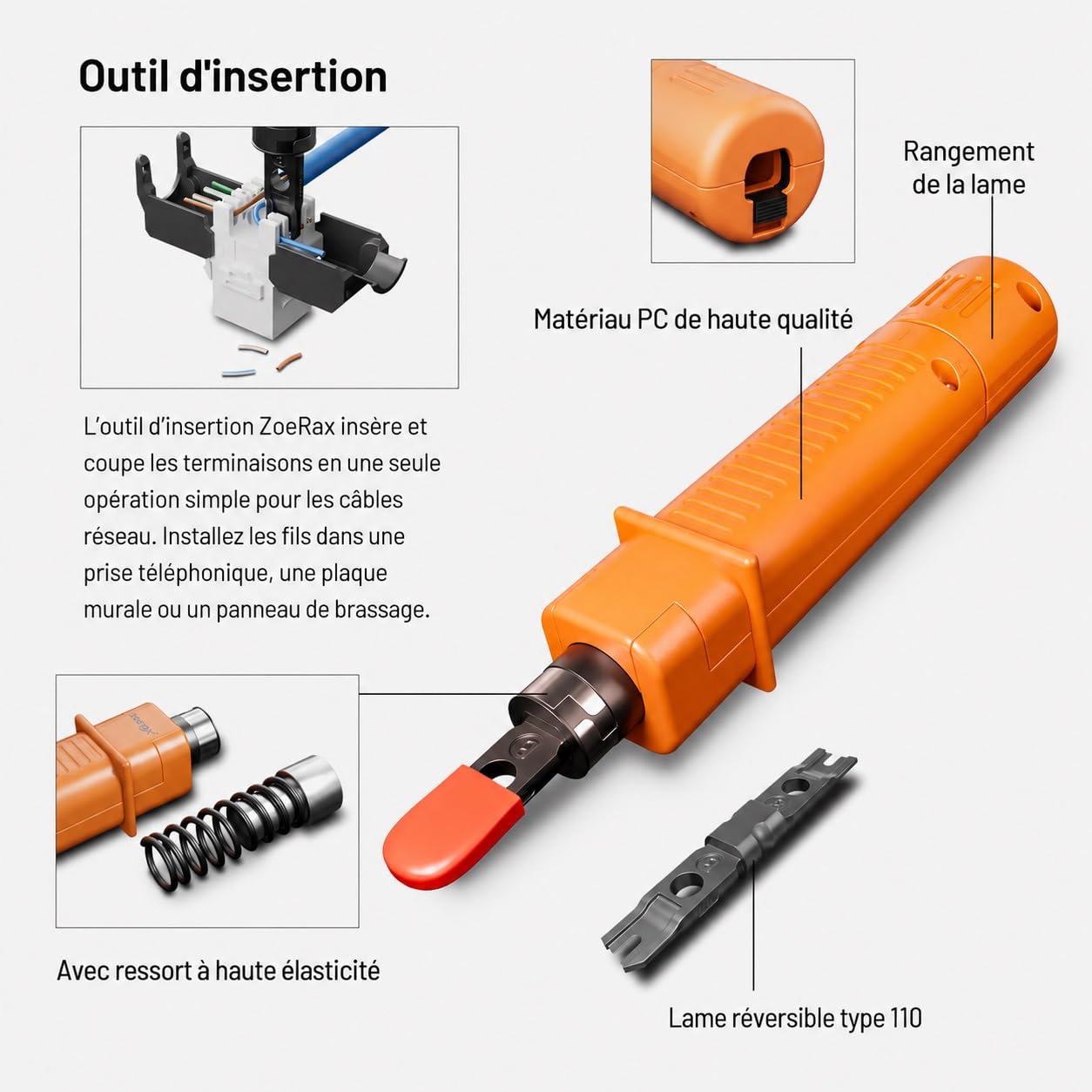 Kit d'outils réseau 11 en 1 professionnel RJ45 – Pince à sertir, testeur RJ45, outil de poinçonnage 110/88, dénudeur, cutter, connecteurs et bottes Cat6