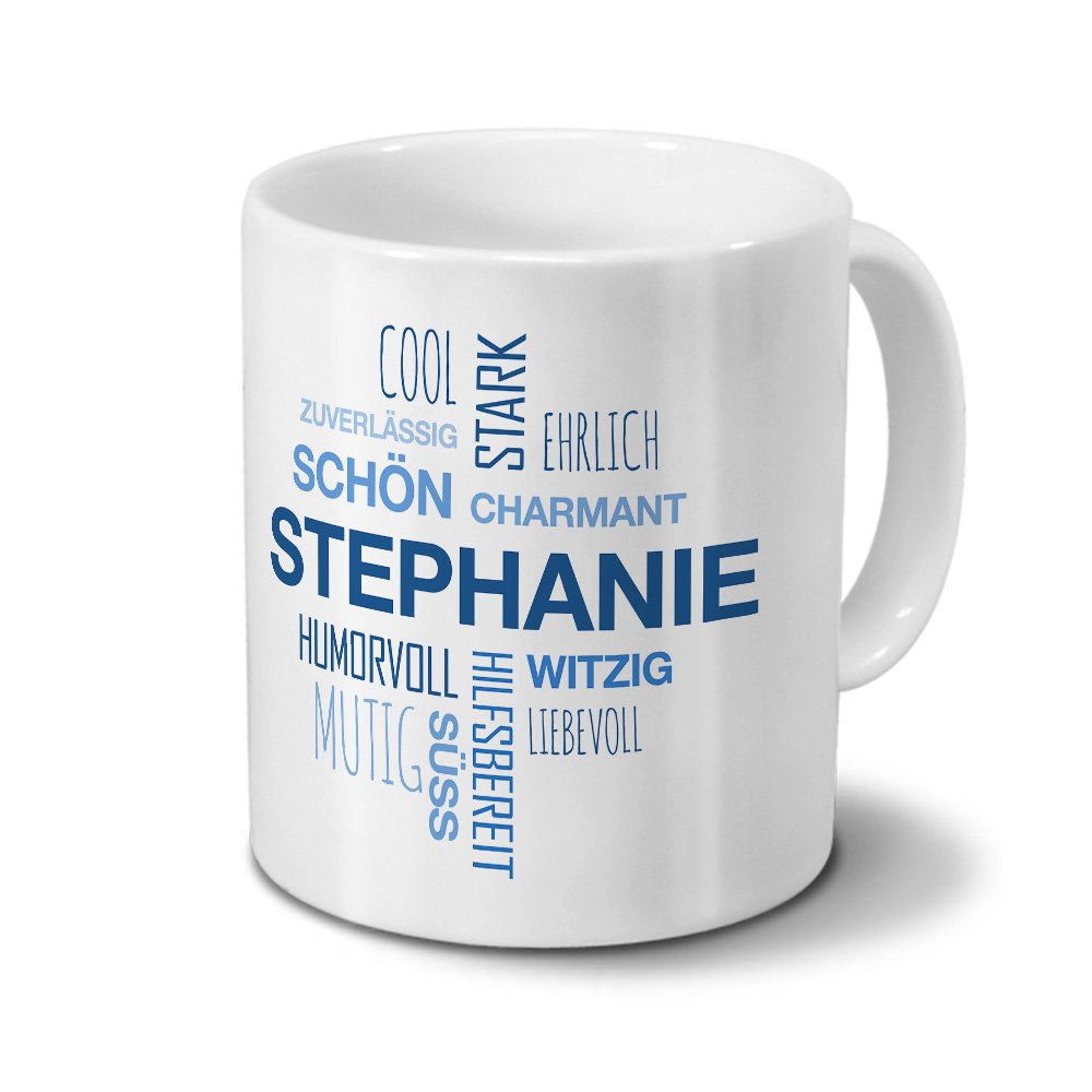 Personalisiert: Tasse Mit Namen Stefanie & Positiver Tagcloud – Weißer Steingutbecher, 325 Ml, Spülmaschinenfest