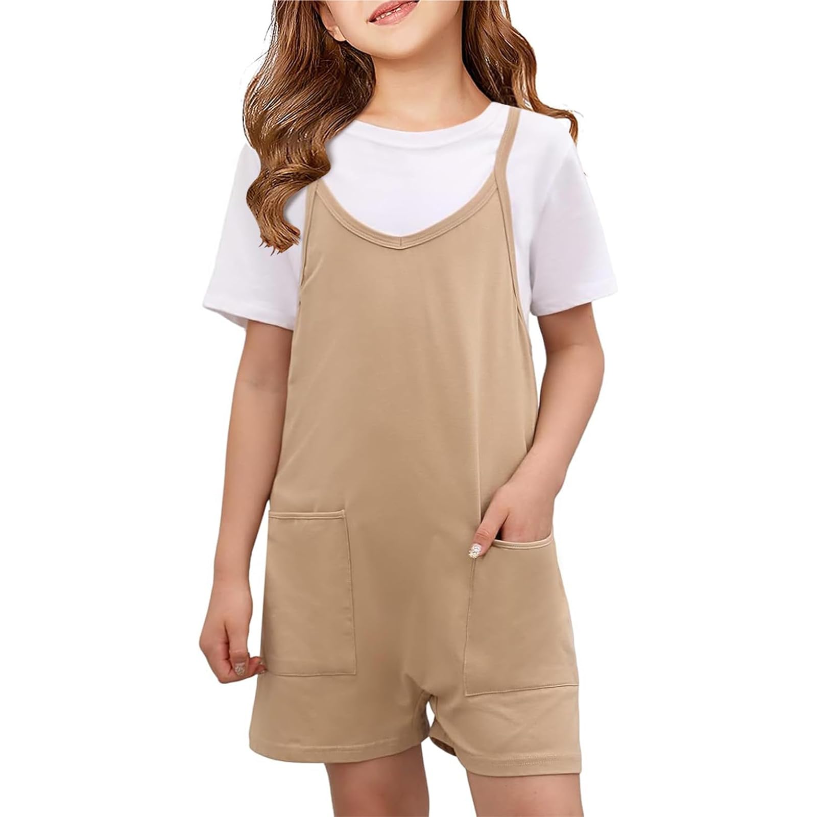 Generic Mono casual sin mangas para niñas, con tirantes delgados, pantalones cortos, con bolsillos, talla 6