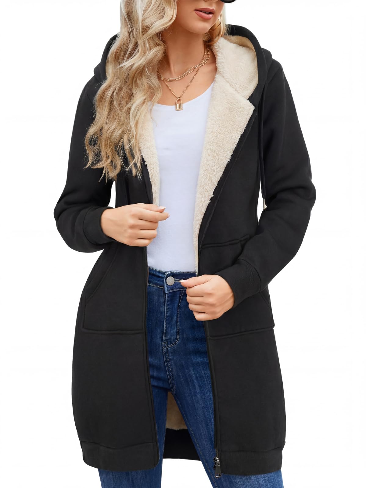 Nadeer Sudaderas con Capucha Abrigo Mujer Sherpa Liso Felpa Cremallera Medio-Largo Casual Cálido Fleece Cordón Señoras Sudadera