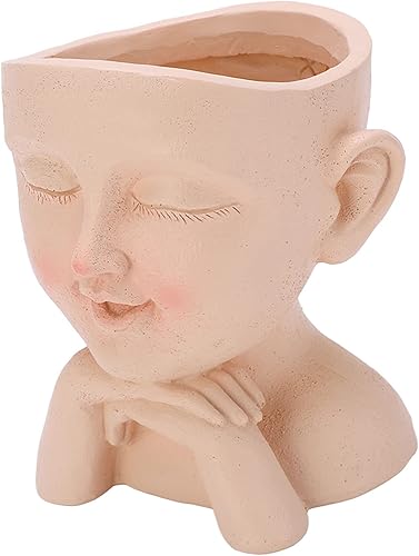Miniatura 6 de Bonita maceta de cabeza de niña, maceta de cara humana, bonita maceta de resina con orificio de drenaje, ojos cerrados para plantas de interior y