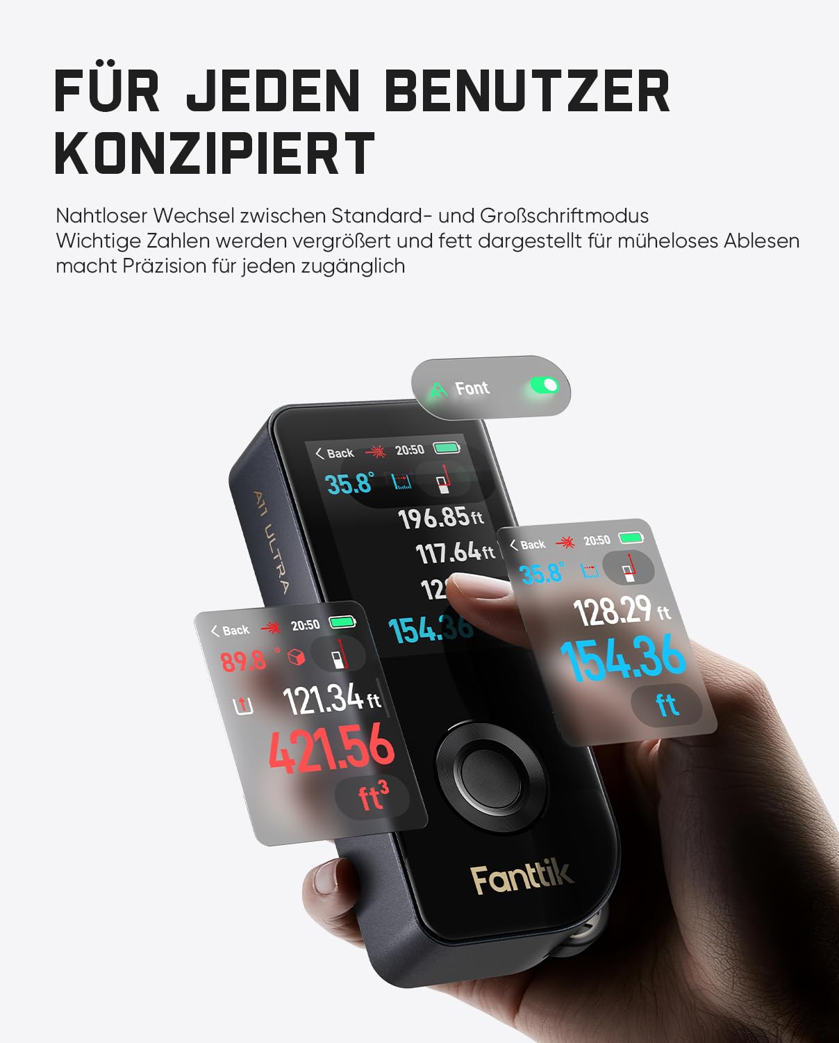 Fanttik A11 Ultra 3-in-1 Laser-Entfernungsmesser mit IPS-Touchscreen und seitlichem LCD-Display, 60 m, Radrolle und 3-Achsen-Digitalwasserwaage, wiederaufladbar für Heimwerkerprojekte und Innenprojekt