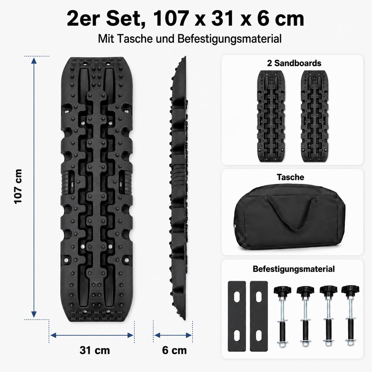 Sandbleche 2er Set Schwarz, Offroad Anfahrhilfe bis 10 t pro Paar für Wohnmobil, SUV, 4x4, Van & Camping, 107 x 31 x 6 cm, Recovery Boards & Sandboards mit Tasche