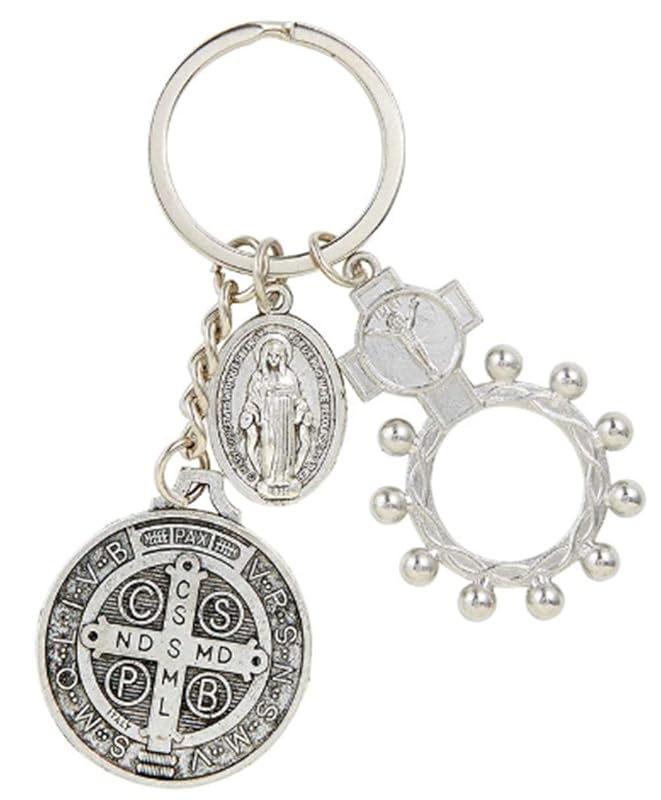 Chaveiro Needzo com Medalha de São Bento, Anel de Rosário de Uma Dezena e Medalha Milagrosa, 8,9 cm, Prateado