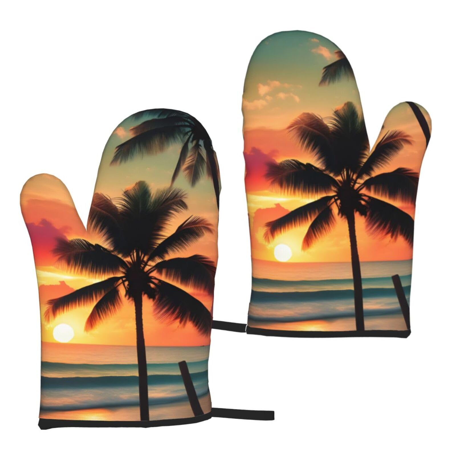 Nimongt Women's Black Tropical Beach Palm Tree Print Adults Universal Fit Heat Resistant Oven Gloves Reusable Cooking Outdoor Grilling