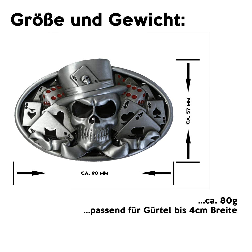 Gürtelschnalle - Glücksspiel Totenkopf - Poker Buckle (Buckle für Wechselgürtel für Damen und Herren | Belt Frauen Männer Oldschool Rockabilly Metall Gothic Wave Rock Biker Western Trucker)