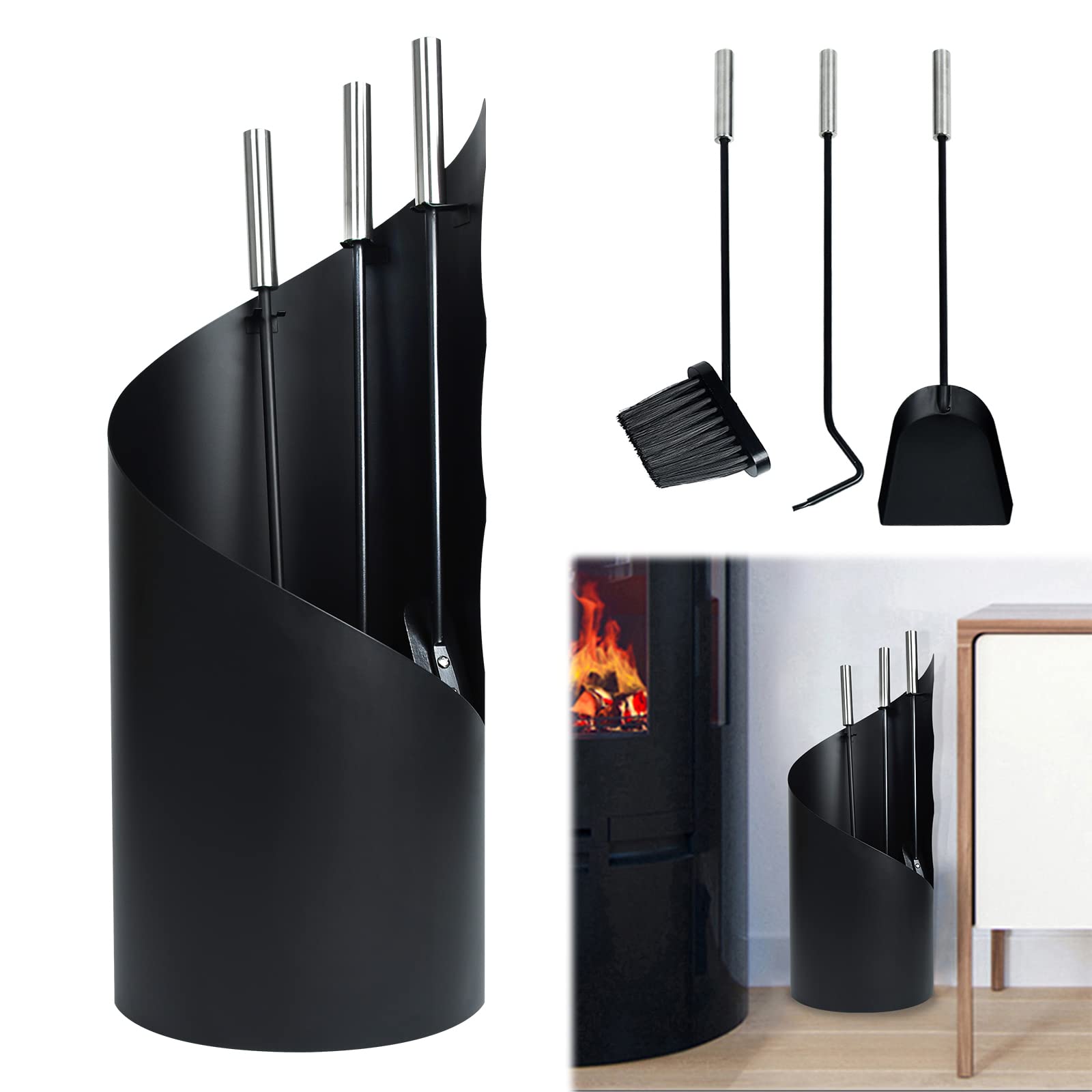 YRHome Set di 4 attrezzi per camino in acciaio inossidabile, set per camino, accessori per camino con attizzatoio, paletta per camino, paletta per cenere, supporto in acciaio con manici in acciaio