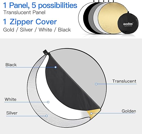 Miniatura 3 de Godox Difusor reflector de luz de 23 pulgadas, 5 en 1, portátil, plegable, redondo, multidisco con clip de soporte y bolsa para fotografía de