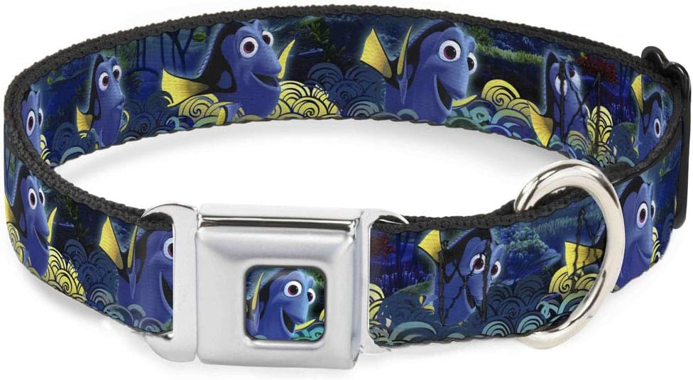 Dog Collar Seatbelt Buckle Dory Poses Swirls Blues Yellows 13 to 18 Inches 1.5 Inch Wide