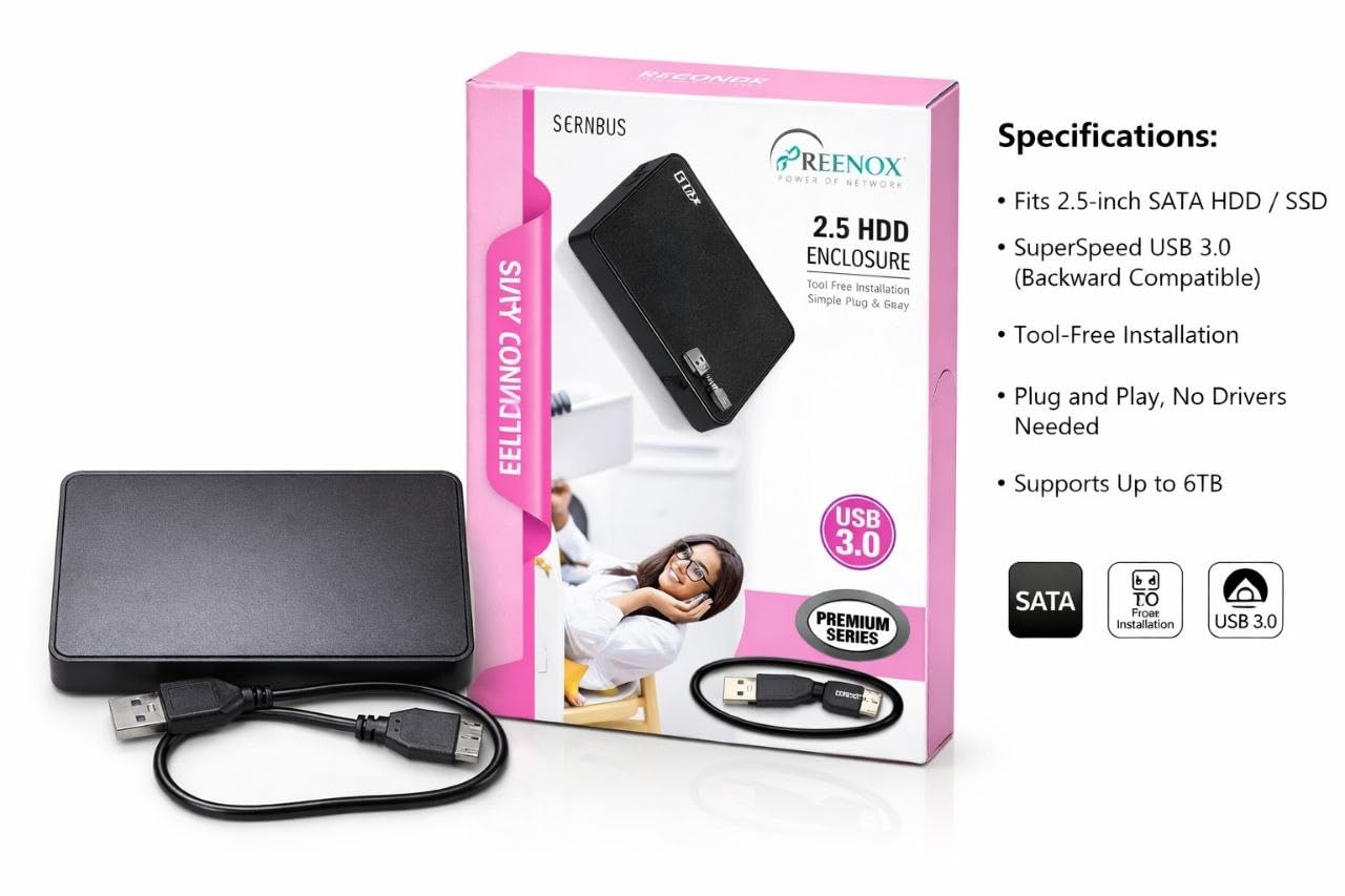 Reenox 2.5 Inch HDD Enclosure, USB 3.0, Tool-Free Installation