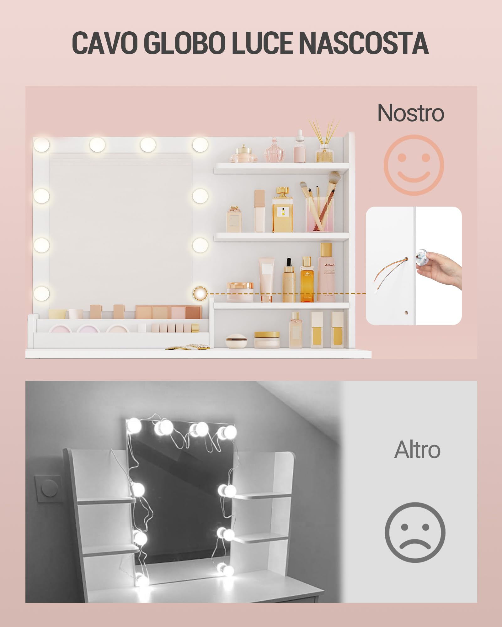 Hzuaneri 90 cm Toeletta da Trucco con Illuminazione a LED, Toeletta da Trucco con specchio, 3 livelli di luminosità, 2 cassetti, 4 ripiani aperti e 2 scomparti, moderna, Bianca DT42703XEU