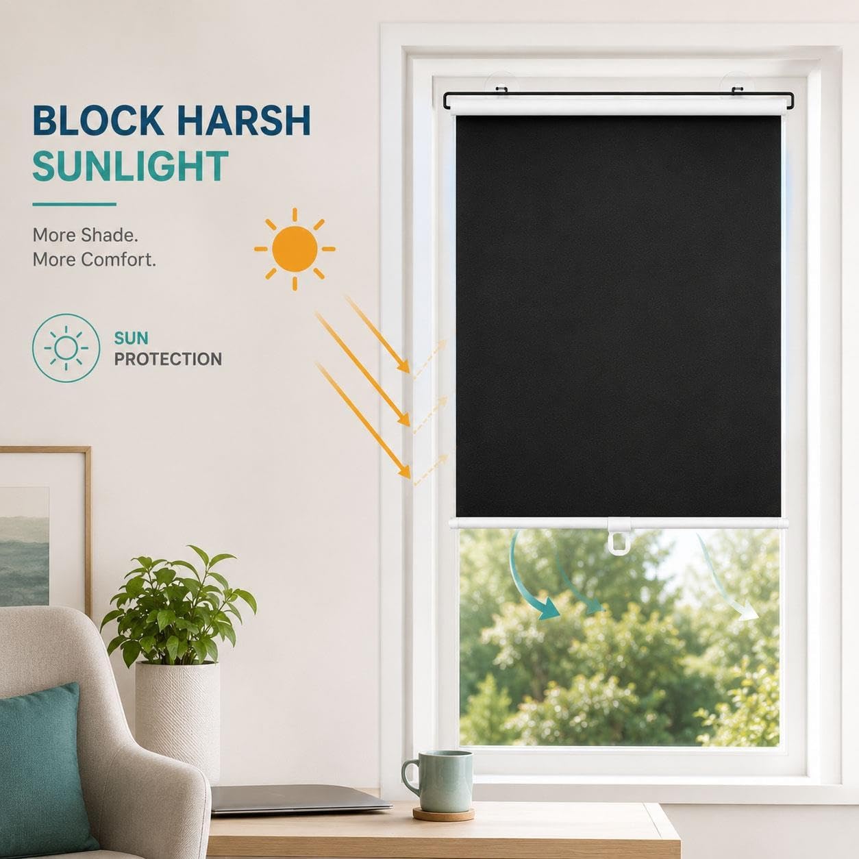 Estor Opaco Sin Taladrar para Ventana, Fijación con Ventosas, Enrollable Retráctil de Bajada, Privacidad para Dormitorio, Oficina, Autocaravana, Piso, Interior, Negro(W 70 x 180 cm)