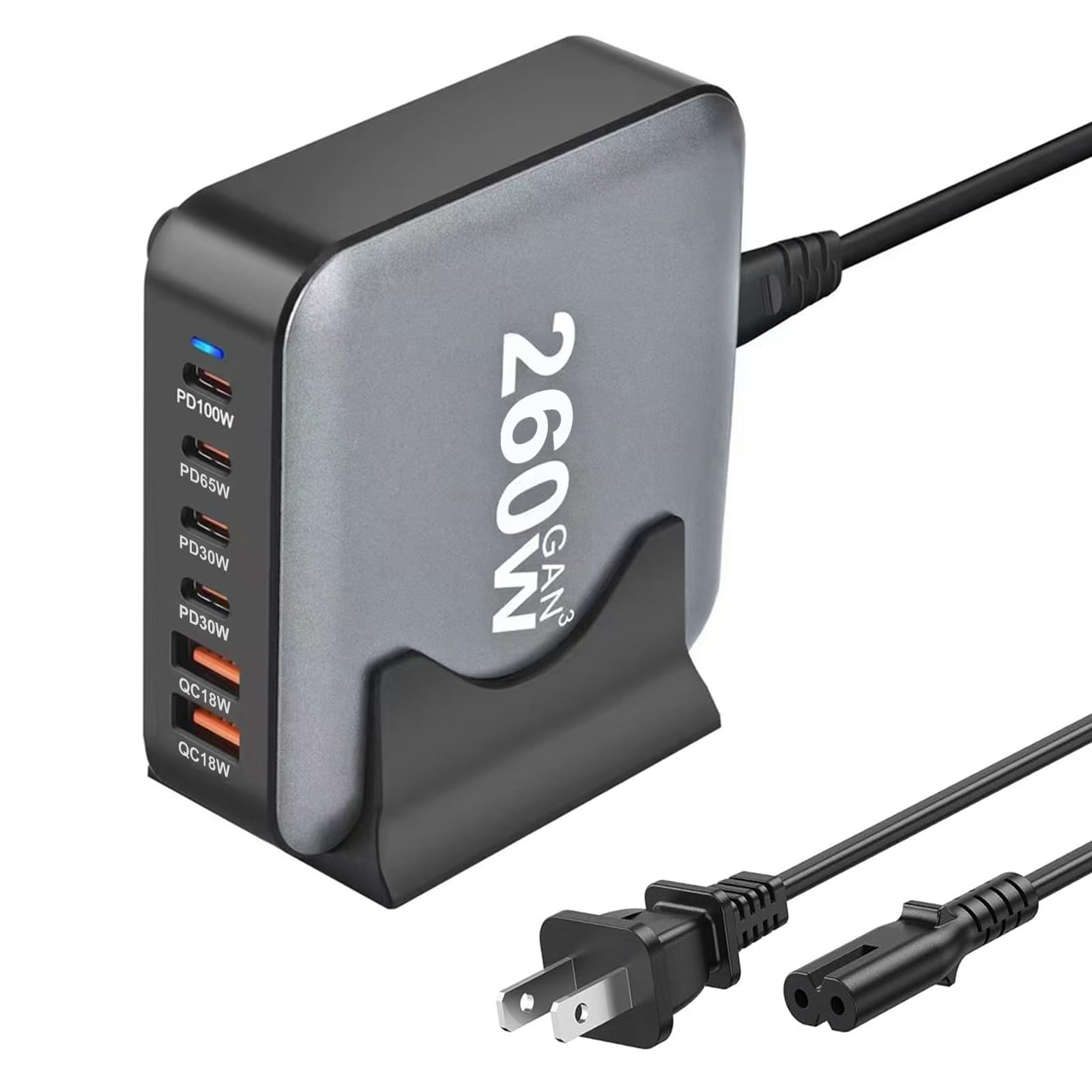 260W USB C Charger Block GaN III USB Desktop Charging Station 6 Ports QC4.0 Fast Charging Station Hub+PD 100W Type C Laptop Charger Adapter Compatible