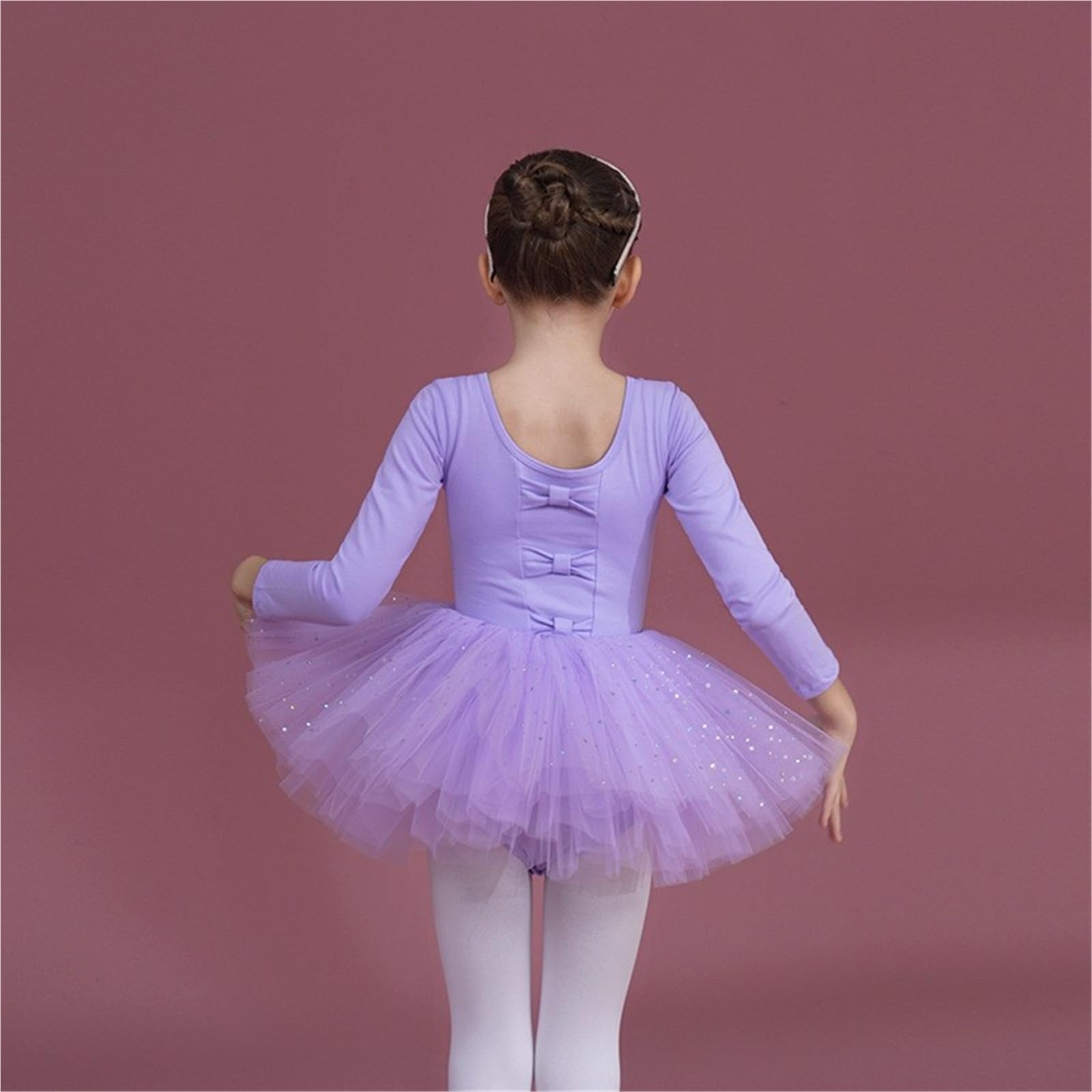 Frauen Ballett Trikot Mädchen Ballett Kleid Gymnastik Trikots Lange Ärmel Tüll Bowknot Skate Tutu Kleid Weihnachten Geburtstag Party Trikot Dancewear(Beige,130)