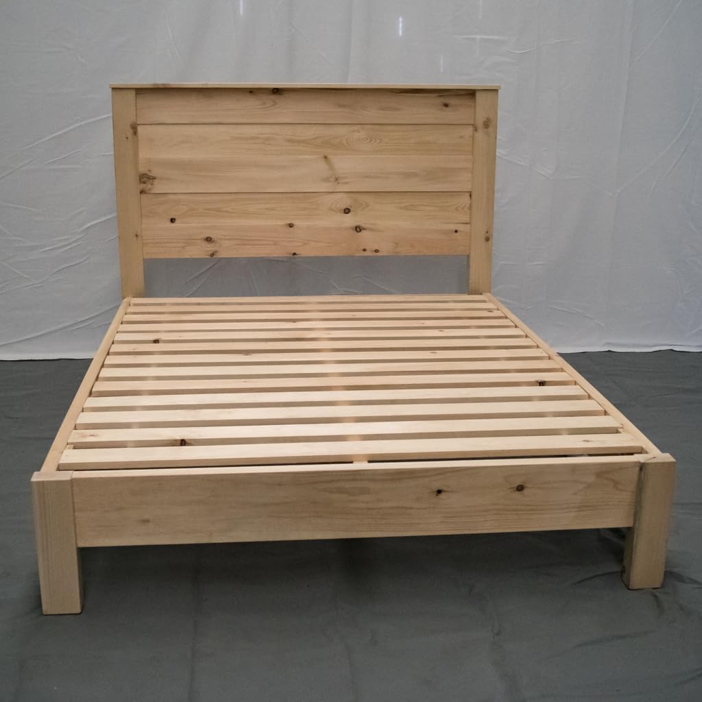 Farmhouse Wood Platform Bed Frame with Headboard, Full Size - Unfinished/Natural, Solid Pine, No Box Spring Needed, Amish Made in USA
