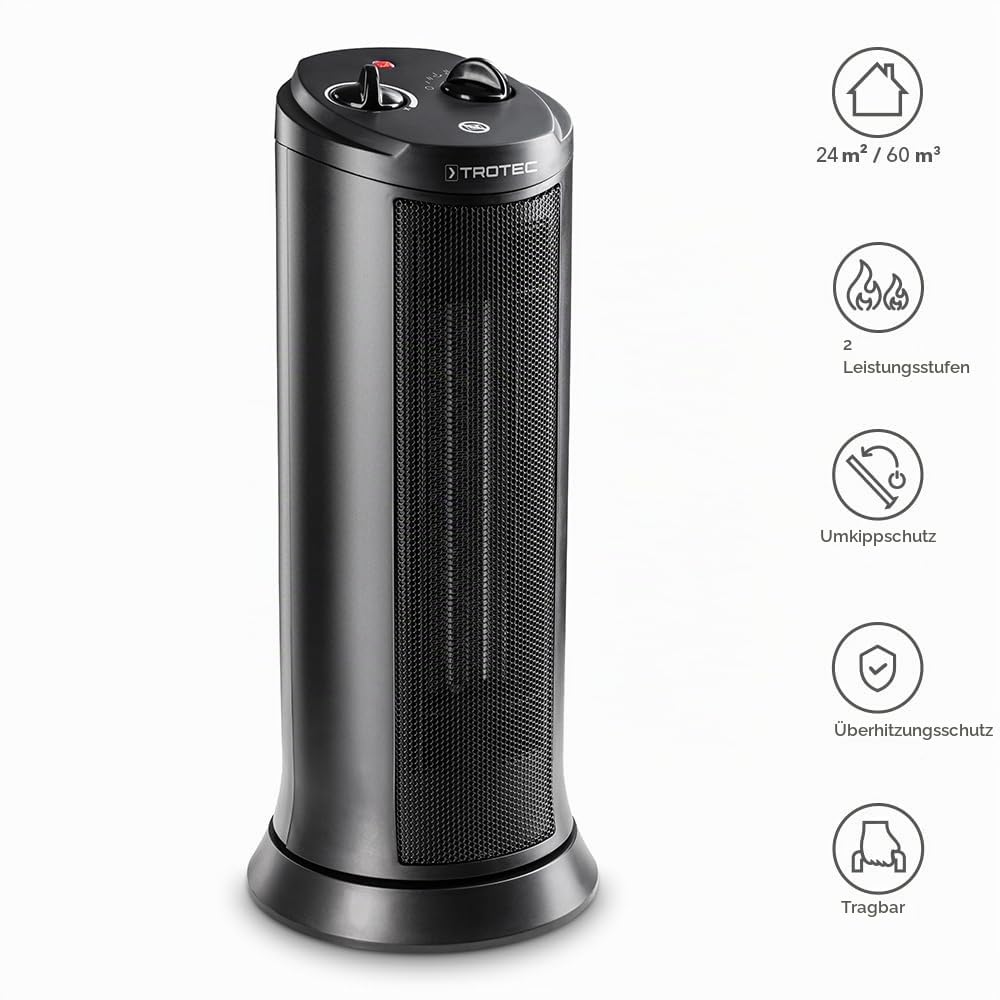 TROTEC TFC 19 E Keramik Heizlüfter | Heizleistung 1200 W/2000 W – Heizung mit Thermostat, Raumgröße 24 m² bis 60 m³, Oszillationsfunktion 70°