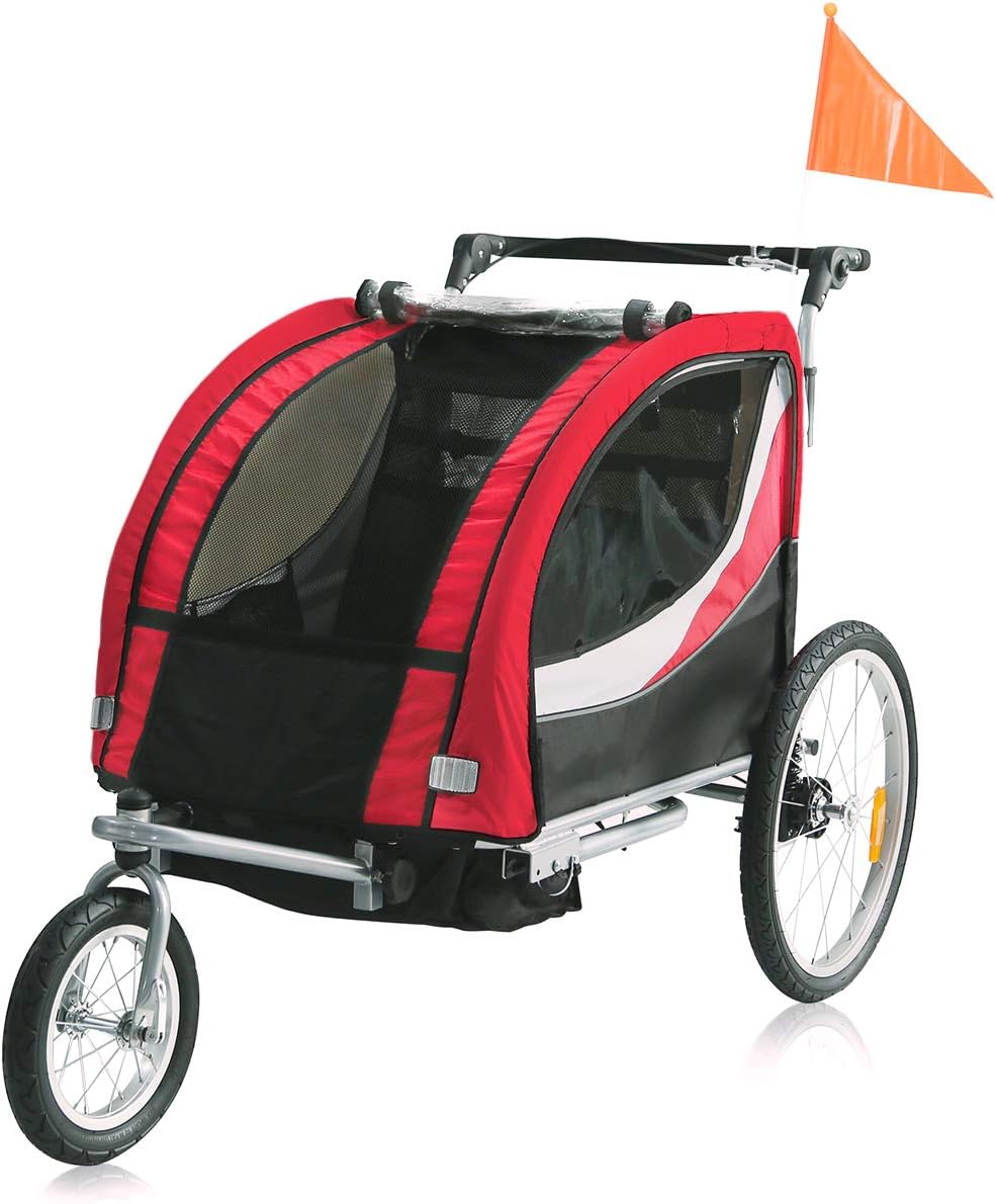 SAMAX Children Bike Trailer Premium 2in1 Kids Jogger Stroller with Suspension 360ยฐ rotatable Childs Bicycle Trailer Transport Buggy Carrier for 2 Kids in Red/Grey - Silver Frame