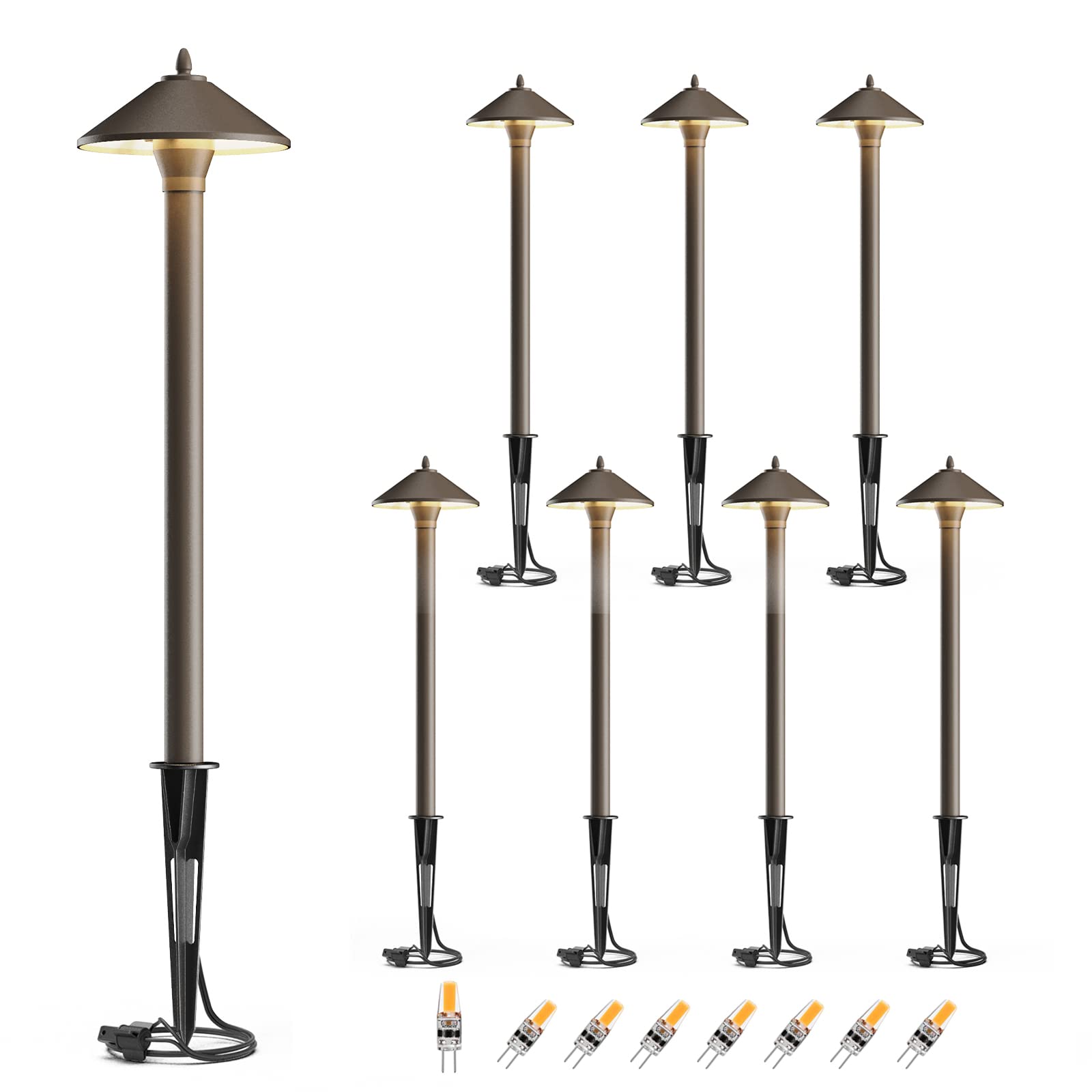 GOODSMANN Landscape Lighting Outdoor Low Voltage Landscape Lighting Kits 8PK Pathway Lights Wired 1.2W 40 Lumen 2700K Metal 12V AC Brown Electric Sidewalk Walkway Lights with Cable Connectors