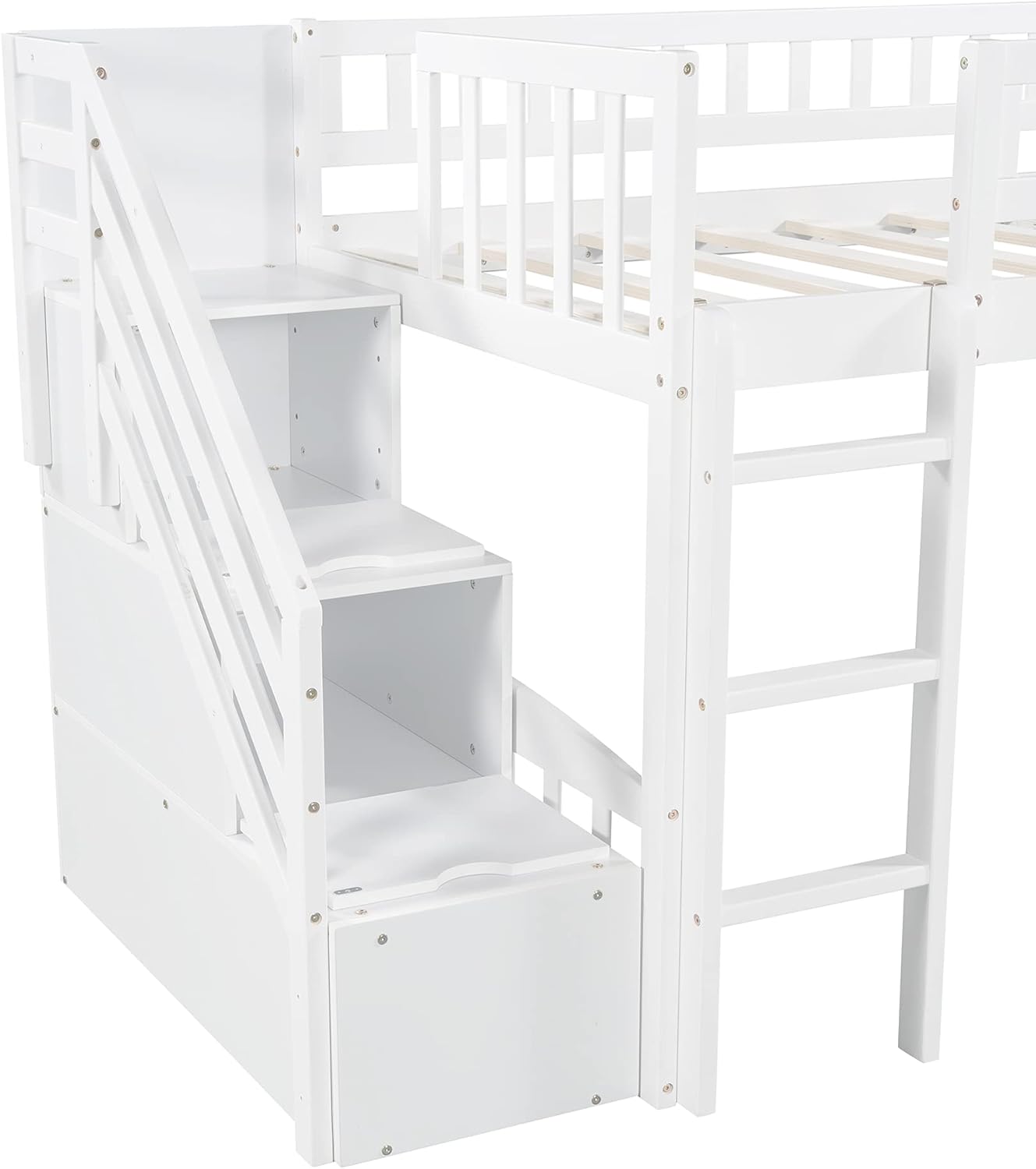 Harper & Bright Designs Twin Size Loft Beds with Slide and Stair, Solid Wood Low Loft Bed with Storage Drawers and Guardrails for Kids Teens Bedroom, Guest Room Furniture (Twin, White)