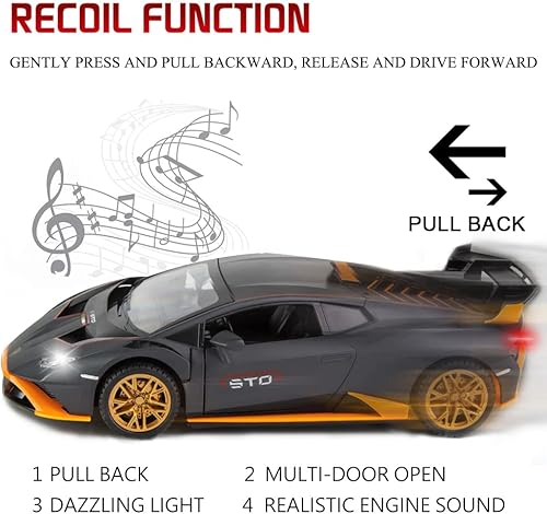 Miniatura 15 de Modelo de automóvil fundido a presión de aleación 1:24 para Lambo Huracan STO, vehículos de tracción hacia atrás, modelos de autos de juguete