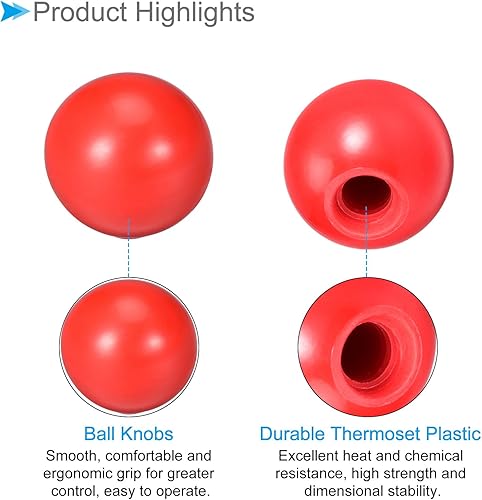 Vista 20 de Pomos de bola termoestables, rosca hembra M12 de 1.575 in de diámetro, agarre de tornillo de mano métrico de plástico rojo
