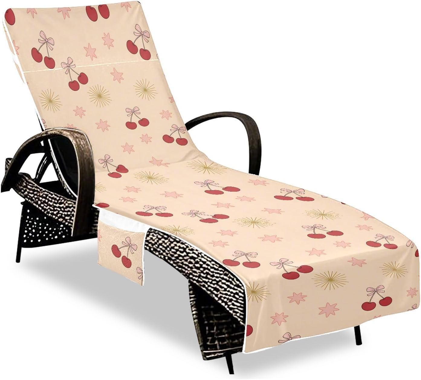 Bow-tie Cherries Lounge Chair Towel Cover with Side Pockets – 85x30in Foldable Chaise Cover for Beach, Pool, Patio, Spa