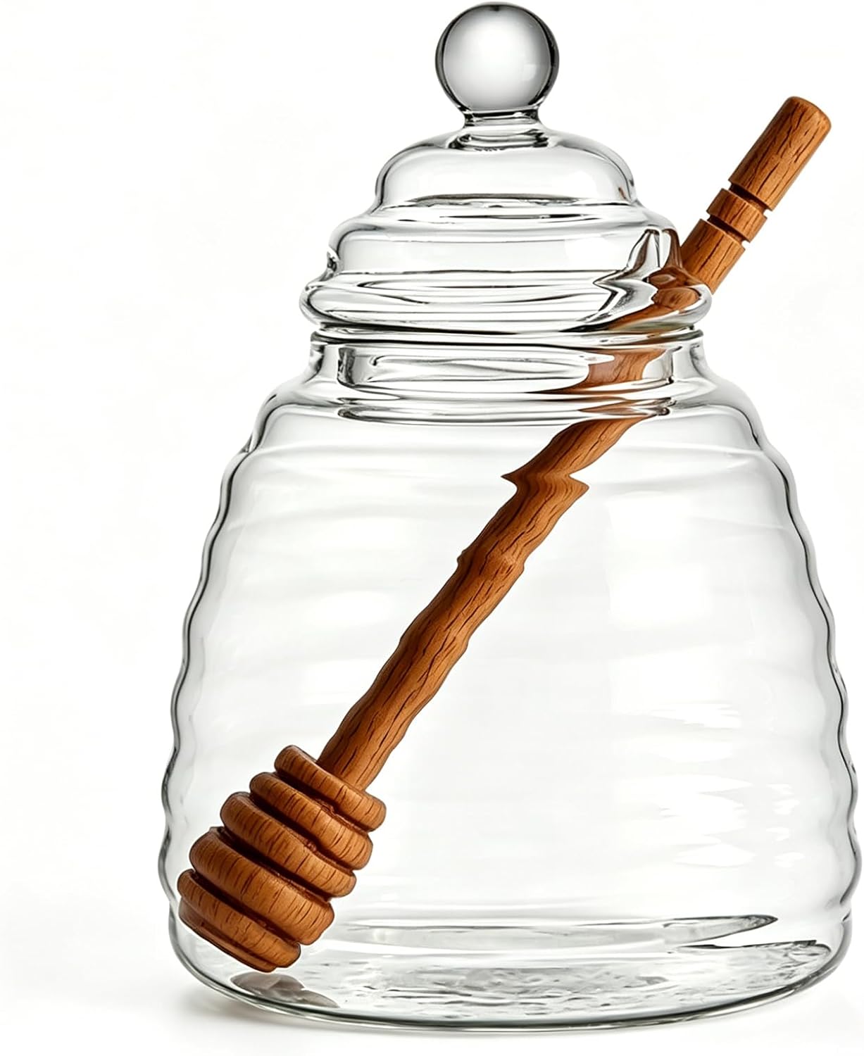 16.9 Oz Honey Pot with Dipper, Glass Honey Jar and Dipper Set, Honey Dispenser, Beehive Honey Pot for Store Honey and Syrup(wooden stick)