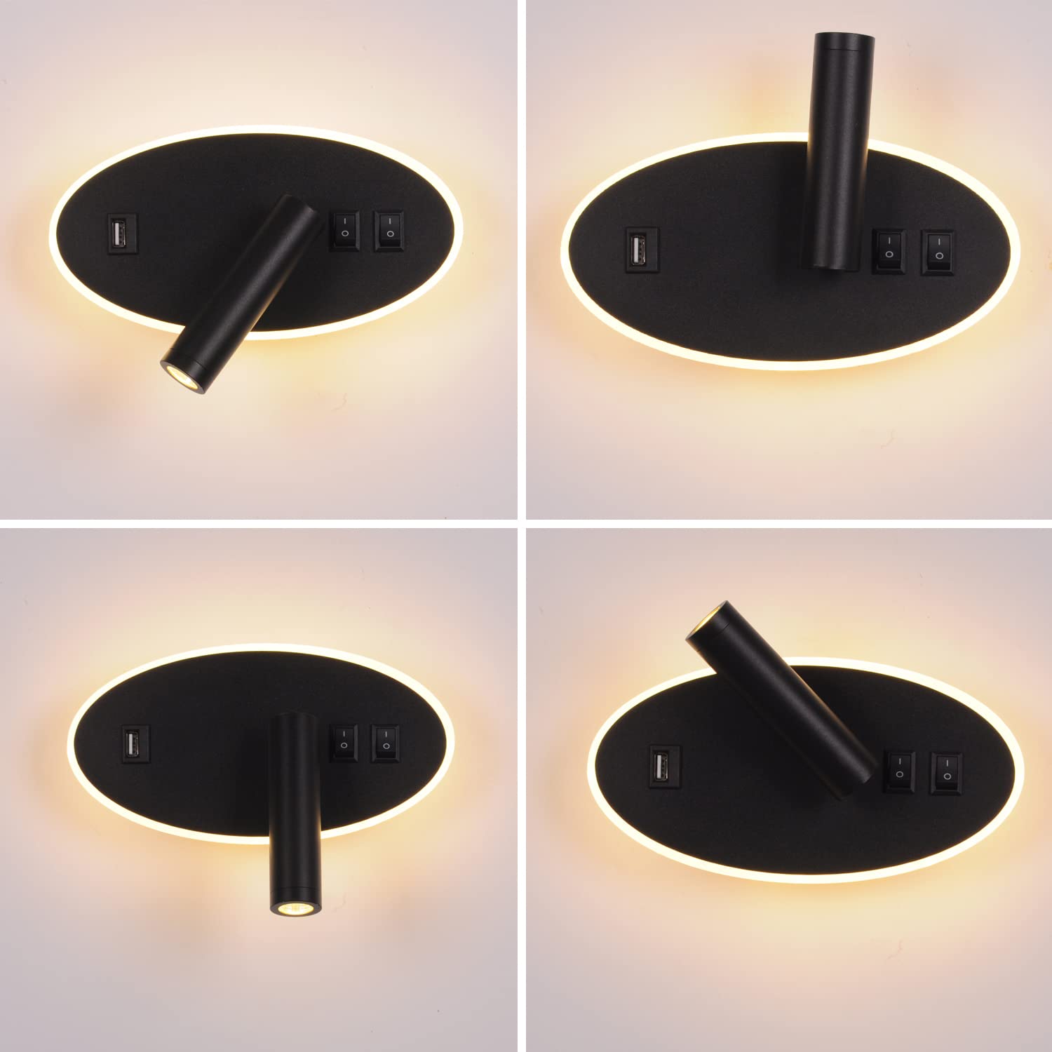 Applique da comodino orientabile Porta di Ricarica USB Lampada da Parete camera da letto Faretto da camera da letto luce per la lettura LED (3W + 9W 3000k)