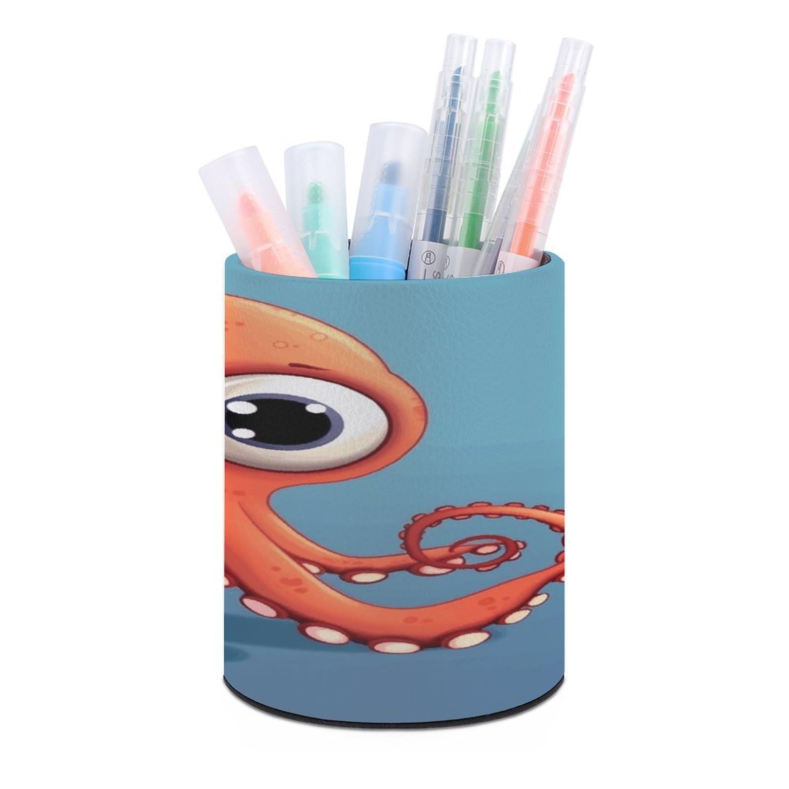 JTREHY Big-eyed Red Octopus Pen Holder Round Pen Pencil Holder Makeup Brush Holders Cup PU Leather Pencil Cups Desktop Caddy Stationery Organizer Case Office Accessories Container Box