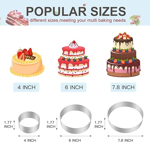 Miniatura 2 de Meichu Paquete de 3 anillos redondos para tartas, de acero inoxidable de 4 a 7.8 pulgadas, molde de mousse para pasteles de cocina, bricolaje