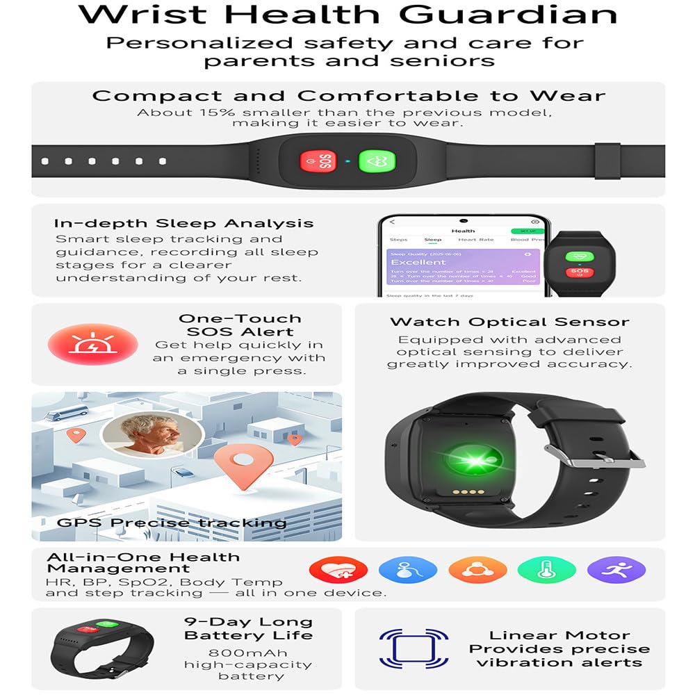 Reloj Detector De Caídas para Personas Mayores,con Detección De Caídas,Posicionamiento GPS,Chat De Voz Instantáneo,Función De Llamada Sos,Seguimiento De Actividad Y Monitoreo De Salud
