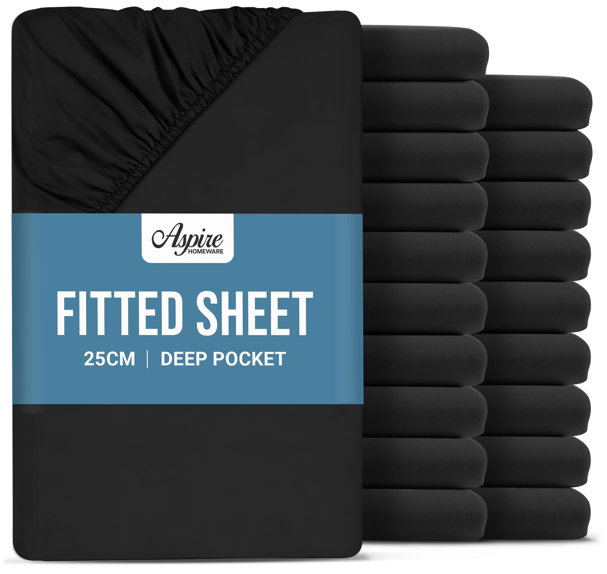 Aspire Homeware Small Double Fitted Sheet - 25cm Deep 20 Pack (Black)
