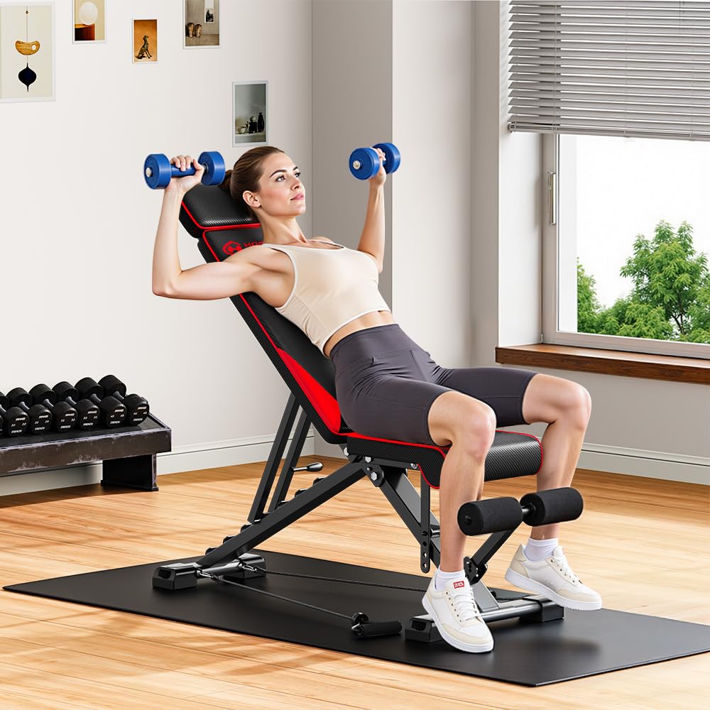 Banco de peso ajustable plegable con bandas de resistencia, capacidad de 300KG/660lbs, respaldo de 8 posiciones y marco de acero de aleación de plegado rápido para gimnasio en casa