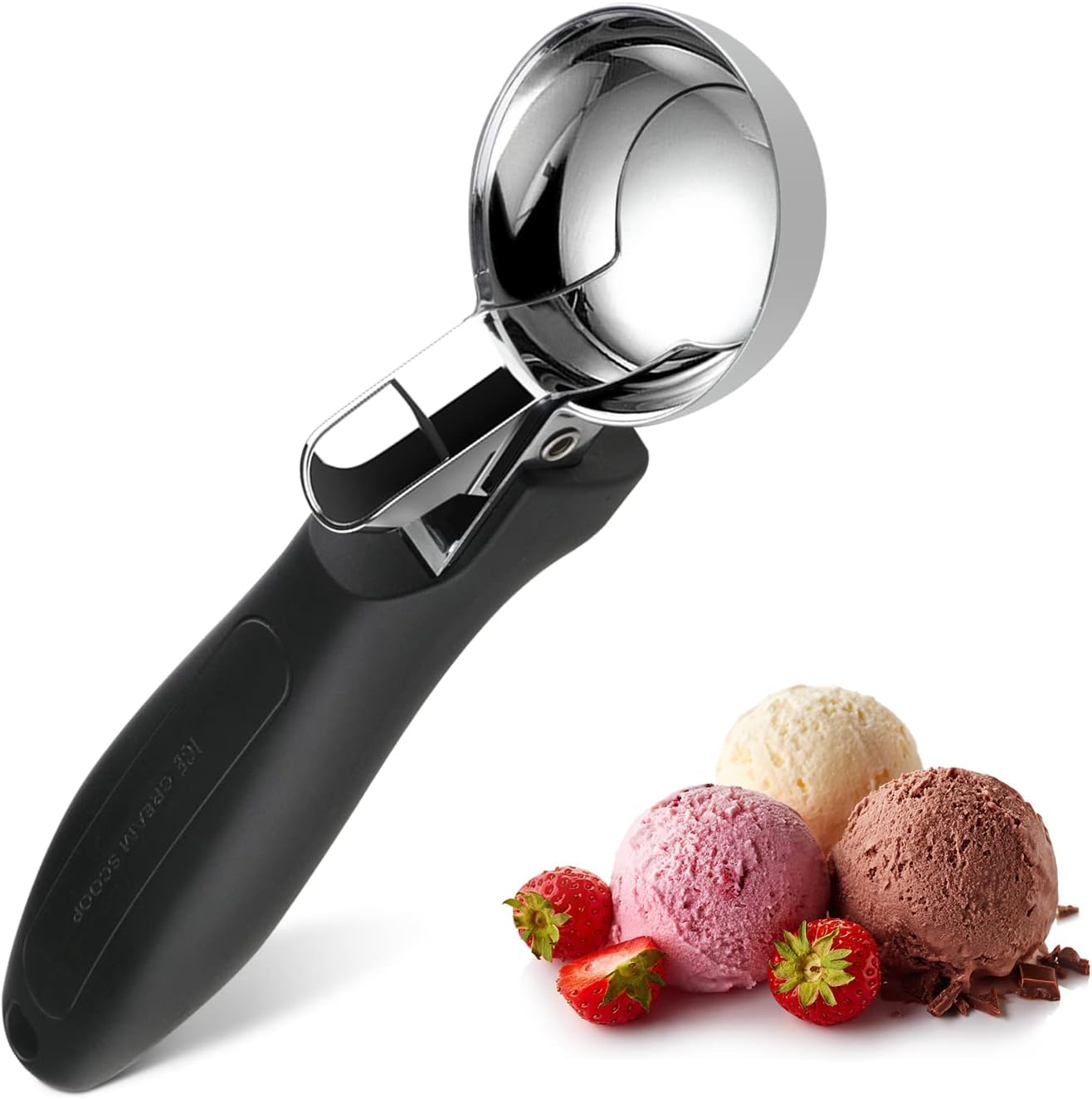 OTVAFAVA Ice Cream Scoop, Large Cookie Scoop with Ergonomic Soft Grip Handle, Heavy Duty Multifunctional Baking Scooper for Sundaes, Cupcake, Dough, Protein Balls and Meatballs, Black