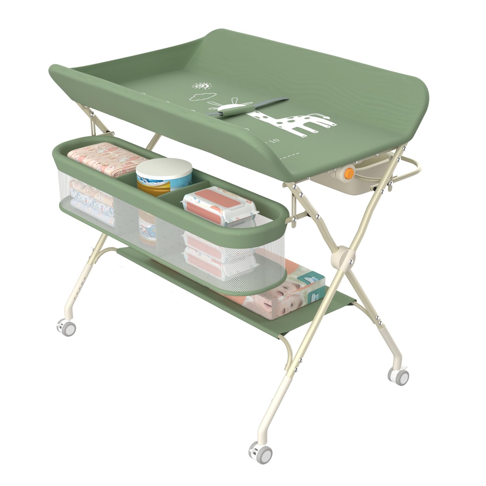 Table à Langer Pliable Avec Panier Et Roulettes - 3 Jouets Inclus - Hauteur Réglable 83-91 Cm - OHMG