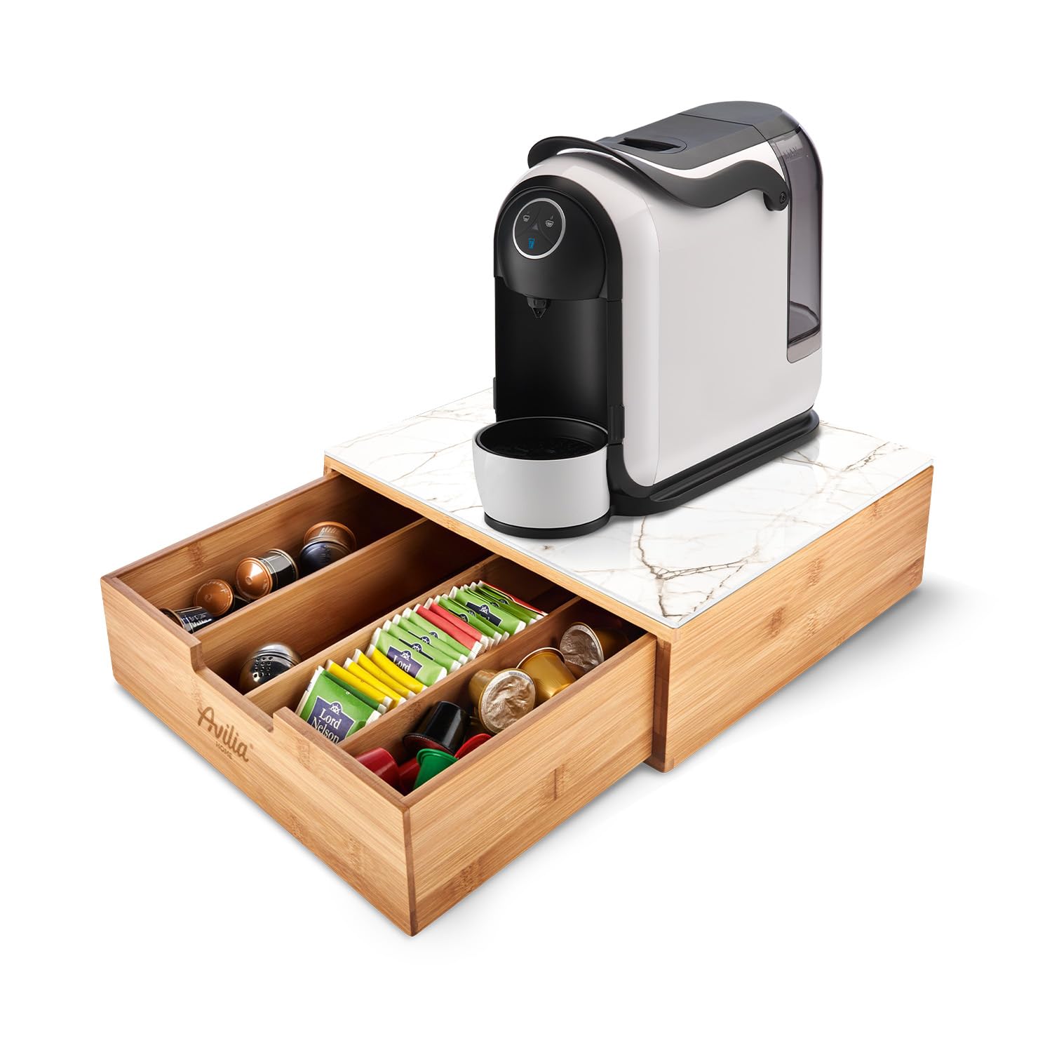 Avilia - Porta Cialde Caffè e Porta Capsule in Bambù con Ripiano in Vetro Marmorizzato Bianco, Organizer per Angolo Caffè e Tè 30x30x10cm, Elegante e Compatto per Casa e Ufficio