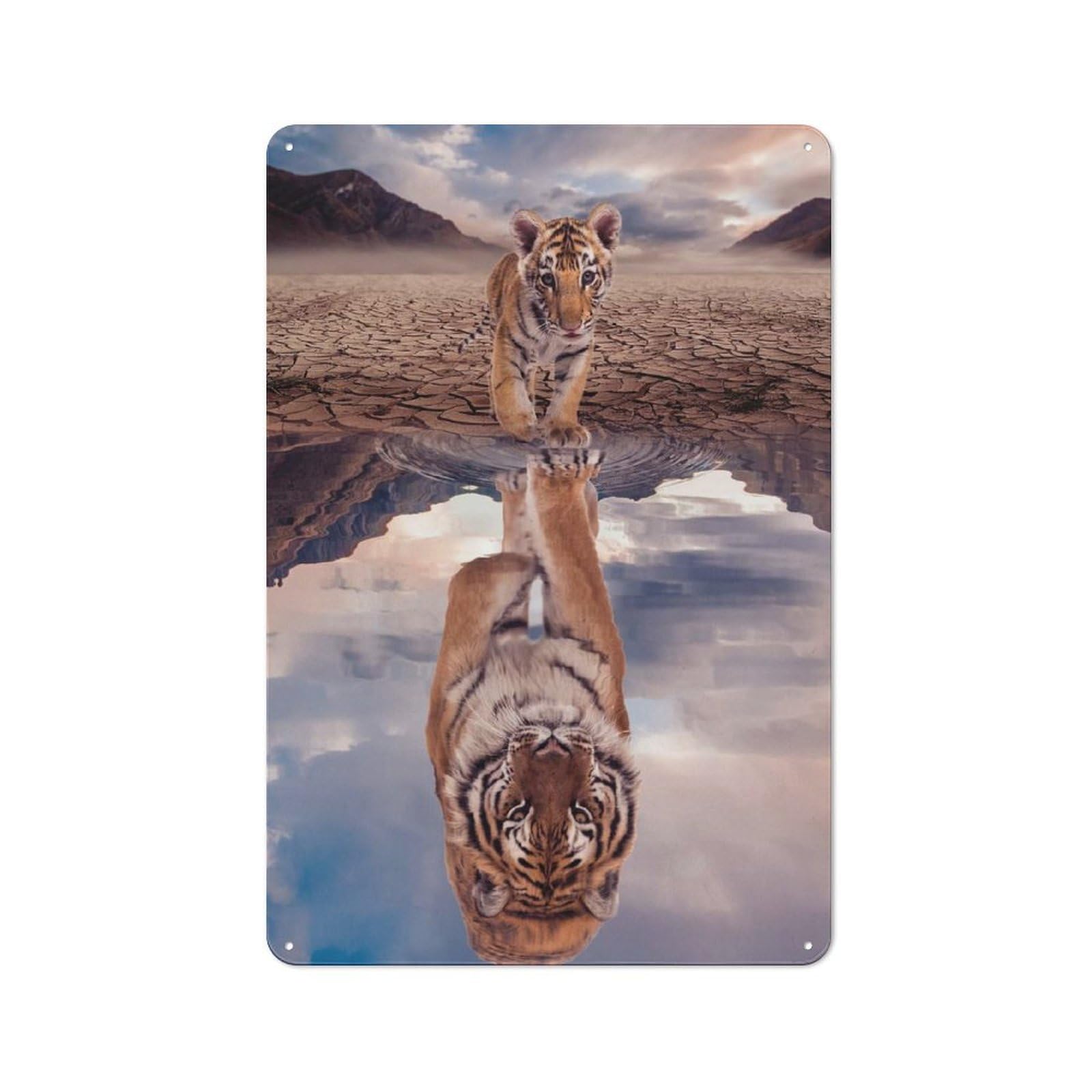 Junmoney Style-20 Vintage Tin Sign 30X20cm With Tiger Cub Water Reflection For Garage Or Workshop, For Metal Sign Collectors, For Cafés, Pubs And Restaurants