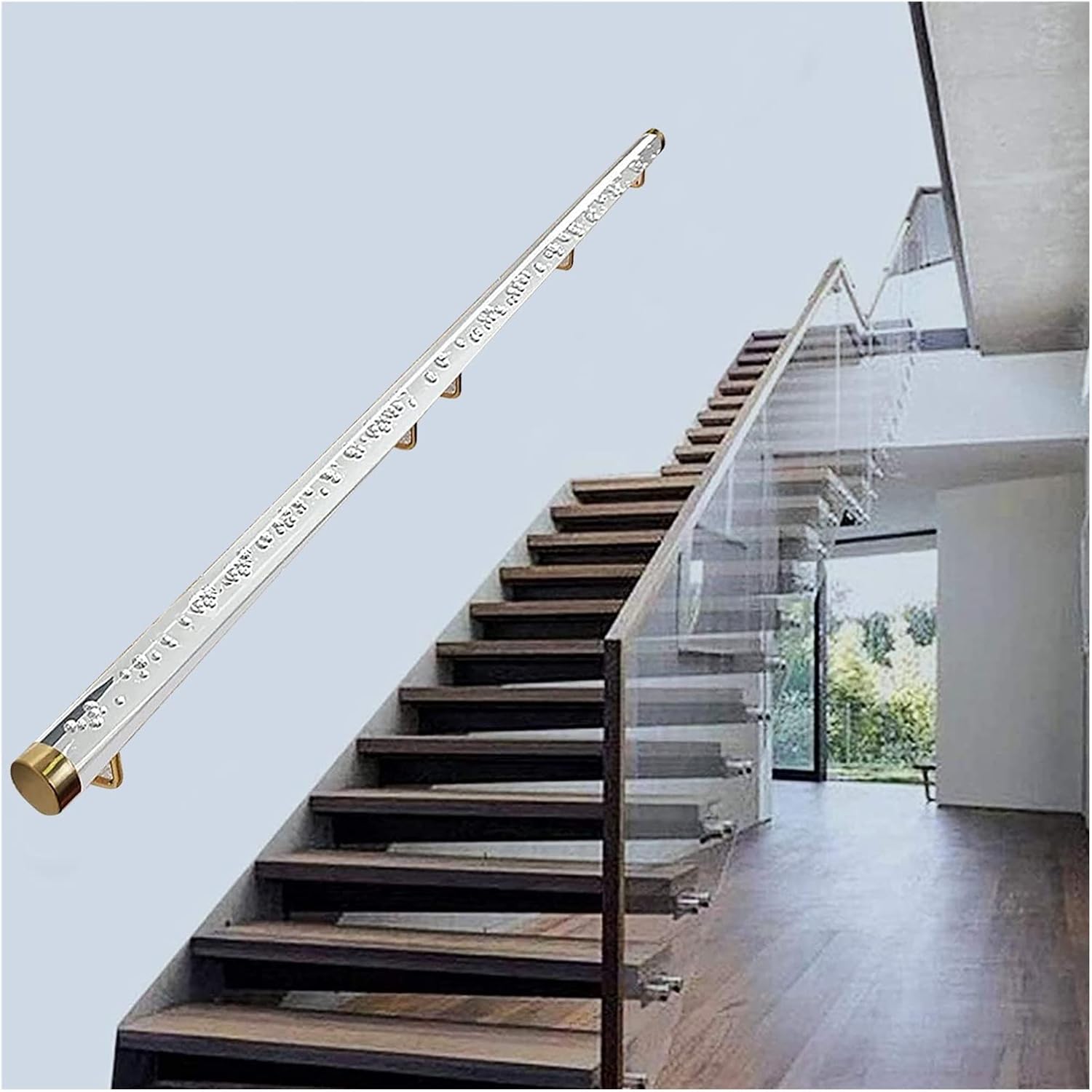 Indoor Acrylic Stairs Grab Bars with Golden Mounting Kit - Anti-Skid Wall-Mounted Safety Rails for Elderly Kids - Sizes: 80/100/120/150/180/250/360/400 cm (3M/300cm/9.8Ft/118In)