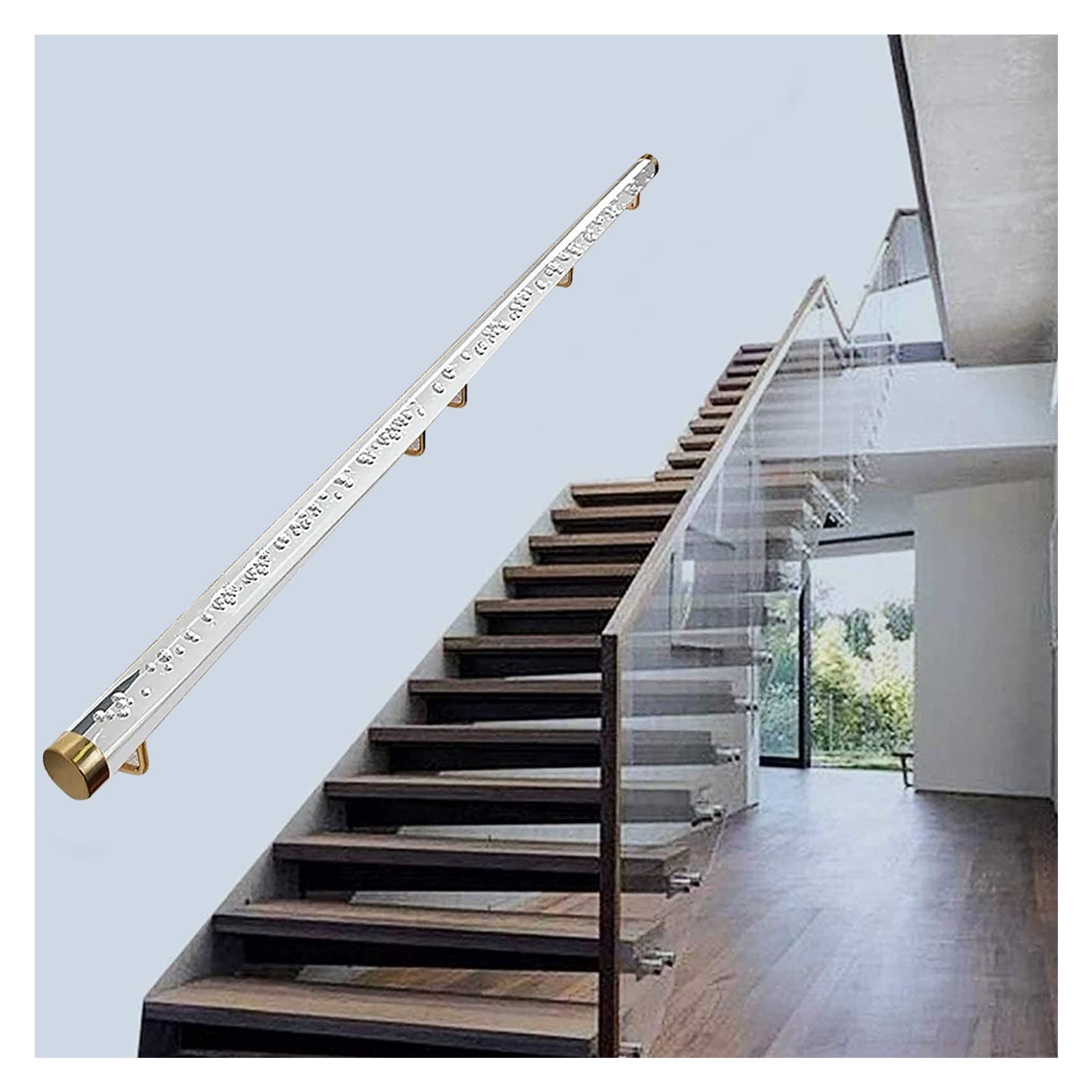 Rampe d'escalier en acrylique transparent avec kit de fixation doré long 80-400 cm