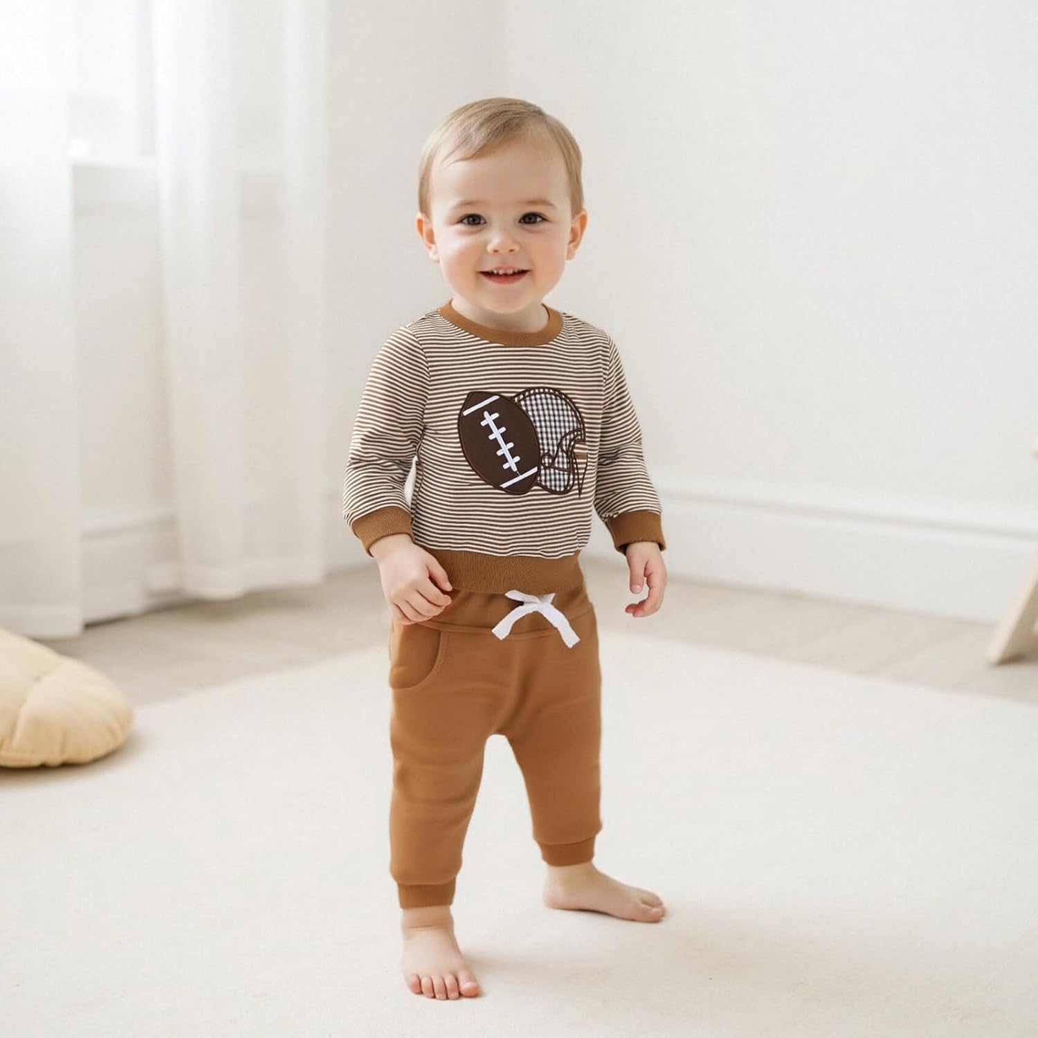 Football Baby Boy Clothes Football Embroidery Waffle Stripe Long Sleeve Sweatshirt Jogger Pants Fall Winter Outfits - Image 4