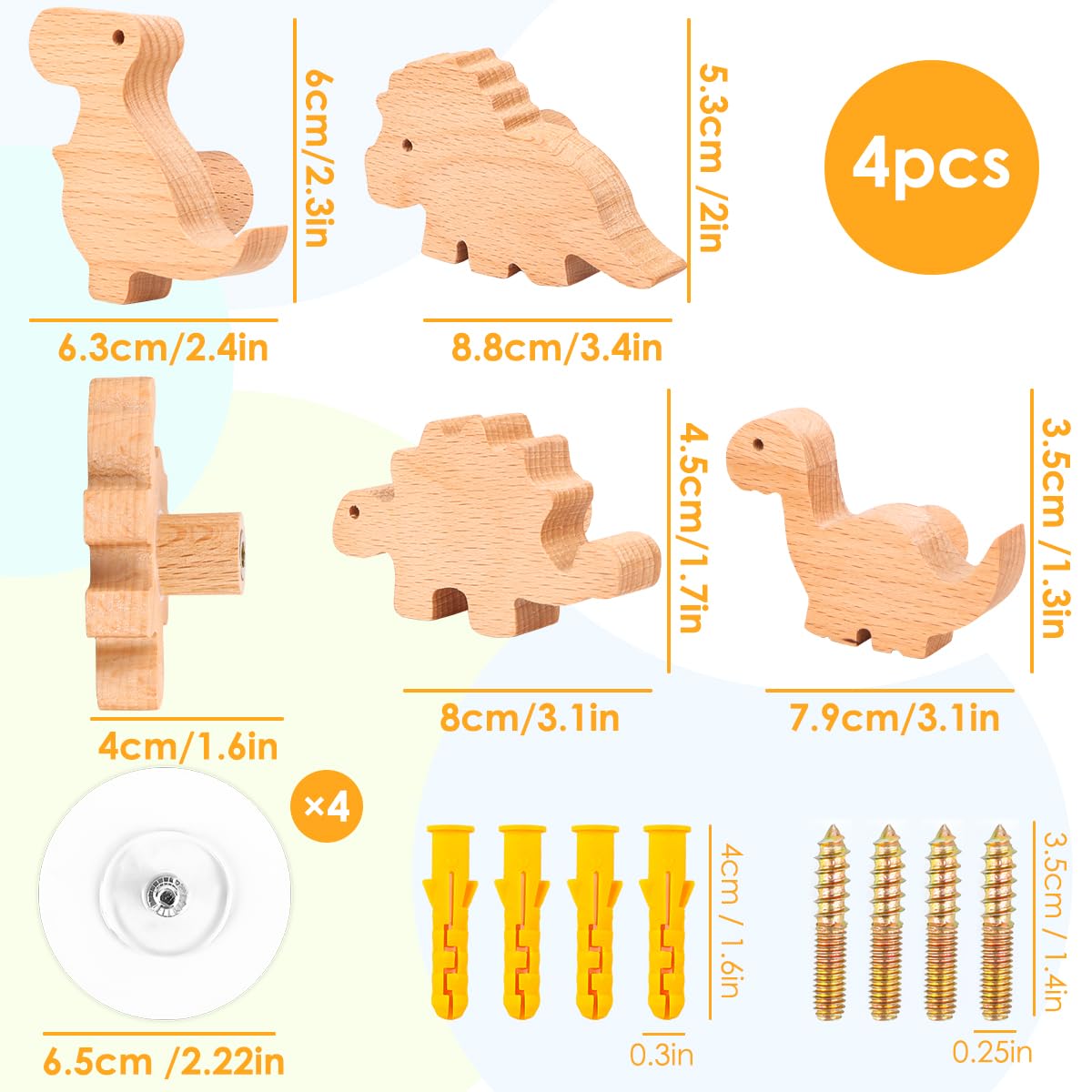 MplehDa Pomelli in Legno per Armadi per Cameretta dei Bambini, 4 Pomelli con Motivi di Animali, 2 in 1, Autoadesivi con Viti, Maniglie in Legno per Armadi, 4 cm x 7 cm, Marrone