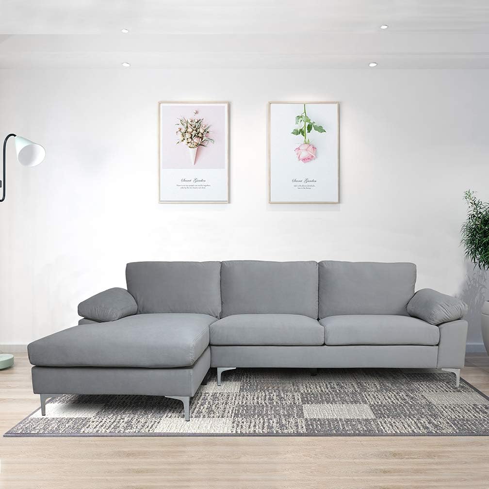 UStinsa Sectional Sofa for Living Room Sectional Couch with Velvet Fabric and Hard Wood Frame L-Shape Sectional Sofa Couch Grey Sofa