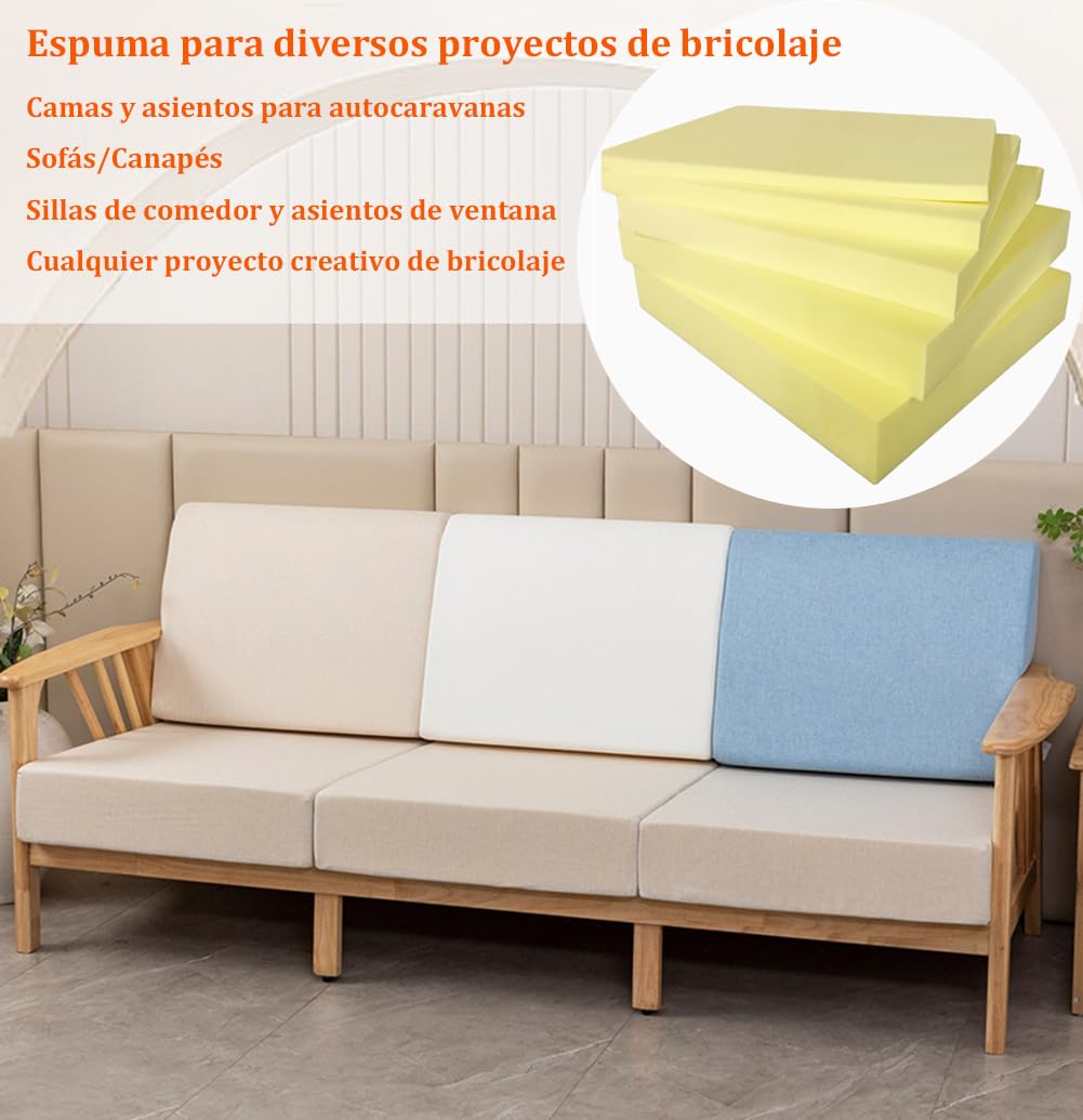 Espuma para Tapicería Amarilla,Densidad 35 kg/m³,Tamaño Personalizado,Ideal Como Repuesto de Cojín de Sofá,Asientos,Acolchado Interior/Exterior,Corte,1 pieza (Espesor 10cm-120x40cm)