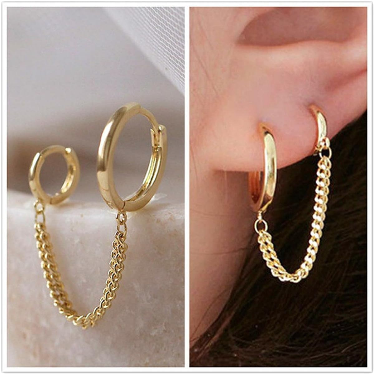 Minimalist Double Small Hoop Earrings for Women Silver Gold-Toned Link Chain Tassel Dangle Drop Huggie Hoops Earring Simple Ear Piercing Cuff Two Holes Jewelry for Sister Niece - Image 3
