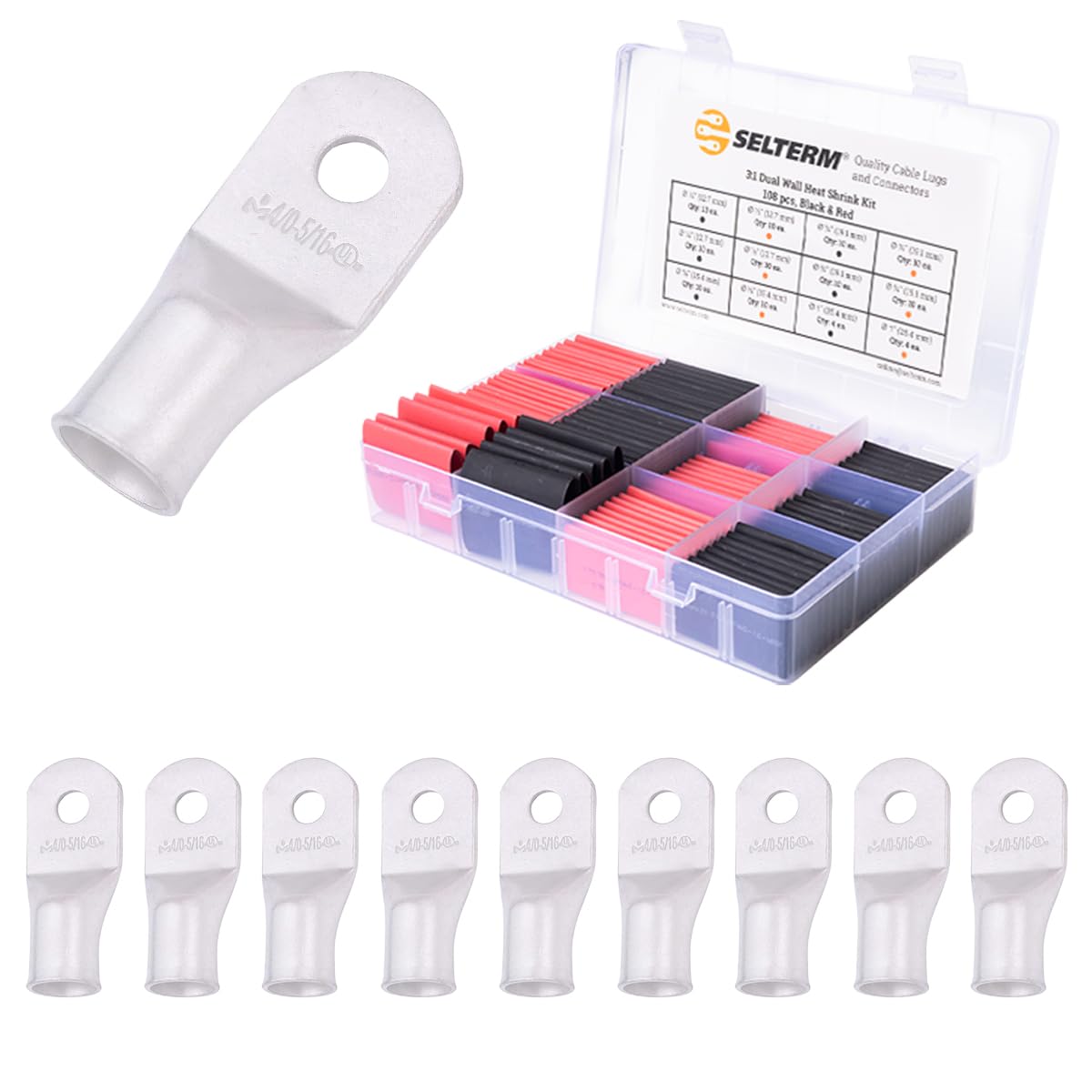 SELTERM 10pcs 4/0 AWG-5/16 Stud Tinned Copper Lugs & Large Size 108 Pcs 3:1 Dual Wall Adhesive Line Heat Shrink Tubing Kit 1, 3/4, 1/2, 5/8 Inch Assortment Kit