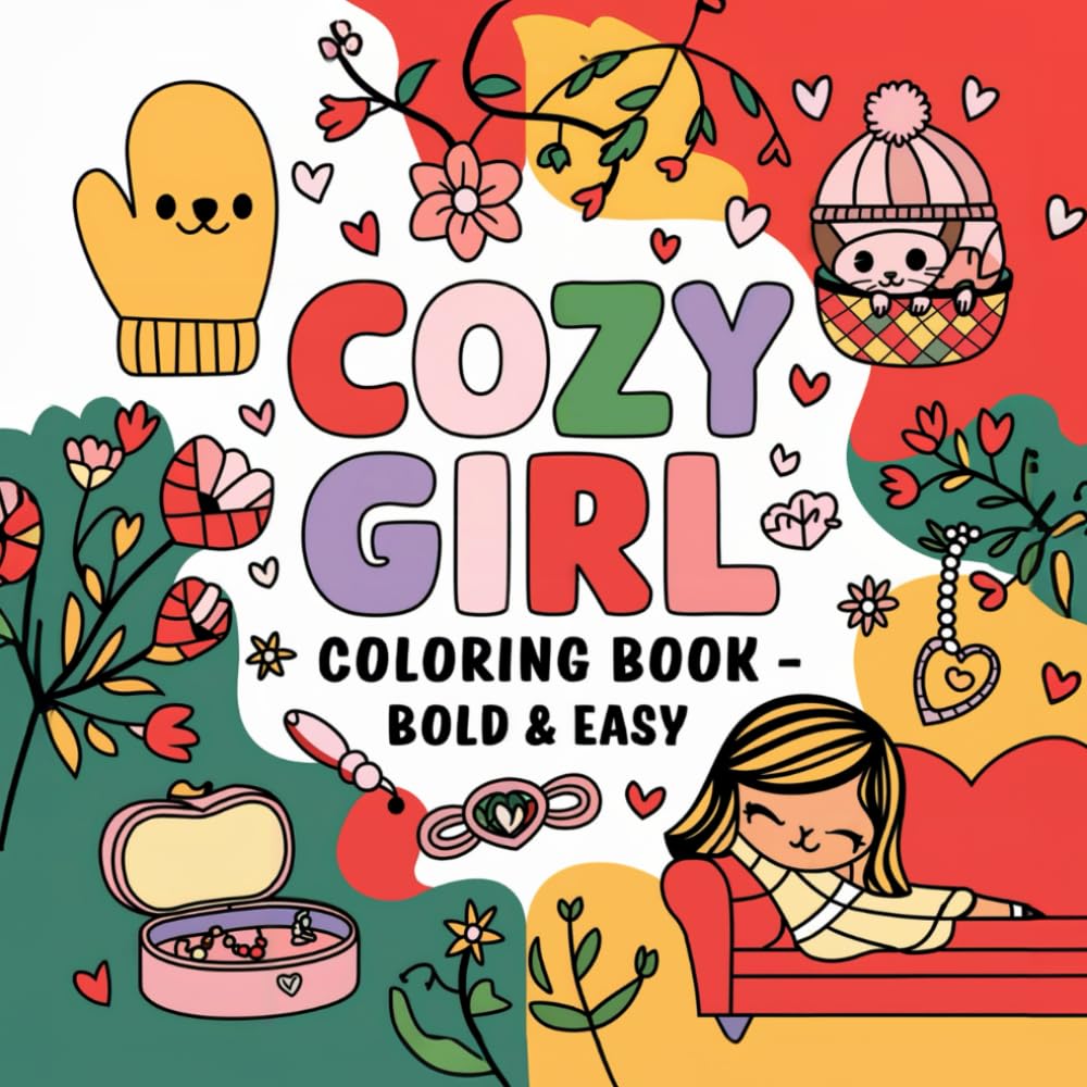 Cozy Girl Coloring Book: Bold & Easy Hygge Designs For Adults And Teens: 50 Single-Sided Pages for Woman or Gift for teen girls