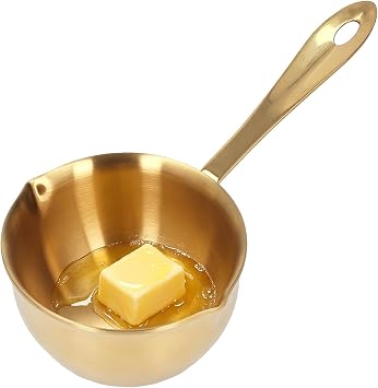 Mini Butter Warmer Pot, 6.7oz/200ml Stainless Steel Milk Warmer Pot with Dual Pour Spouts, 3-Layer Composite Base Saucepan for Melting Heating Butter Milk Chocolate Coffee Tea Gold