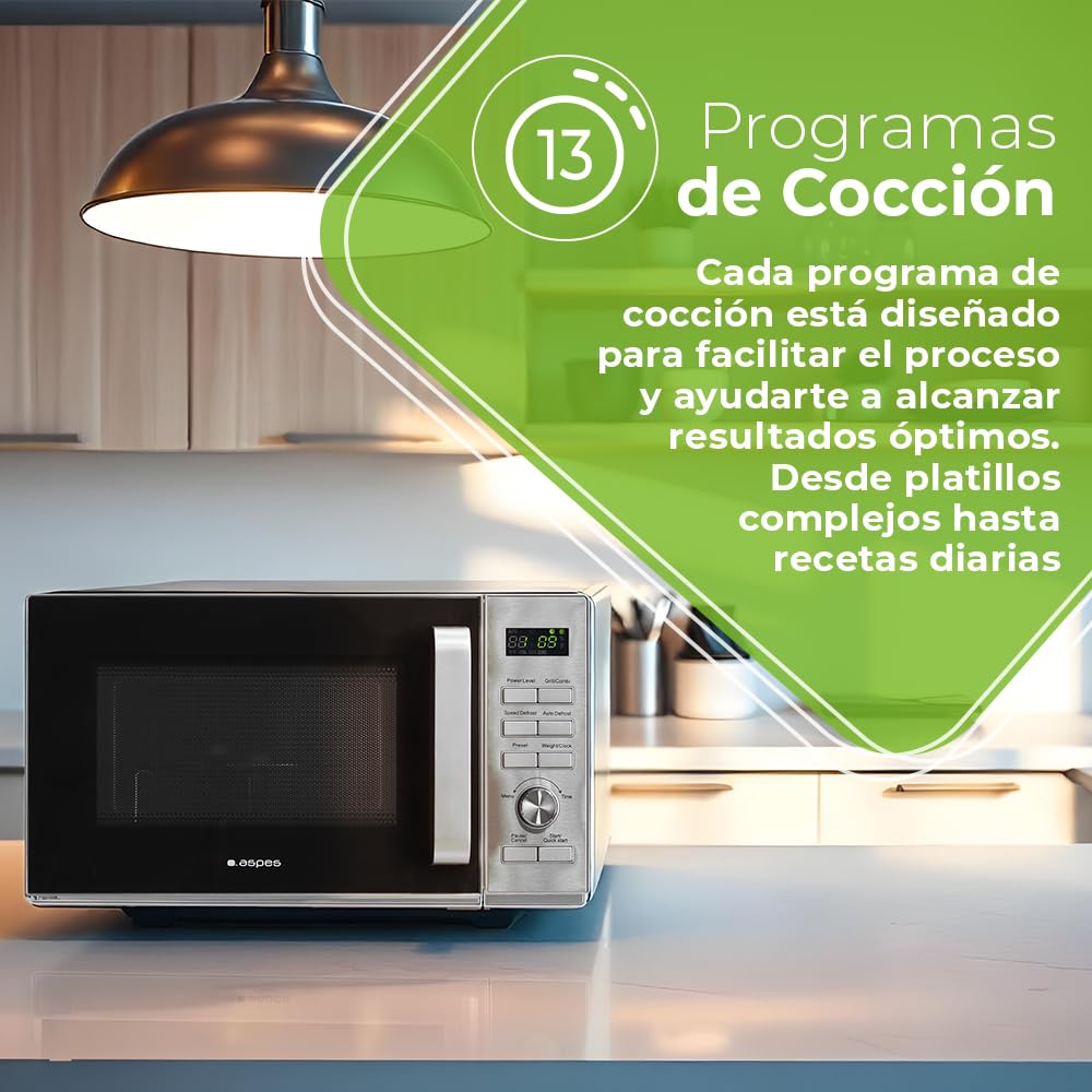 Aspes Microondas 23 Litros Cerámico Inox AMWC23900DGN. 900W, 13 Programas, Modo Descongelación, Revestimiento Interior, Fácil Limpieza, Temporizador 95min.